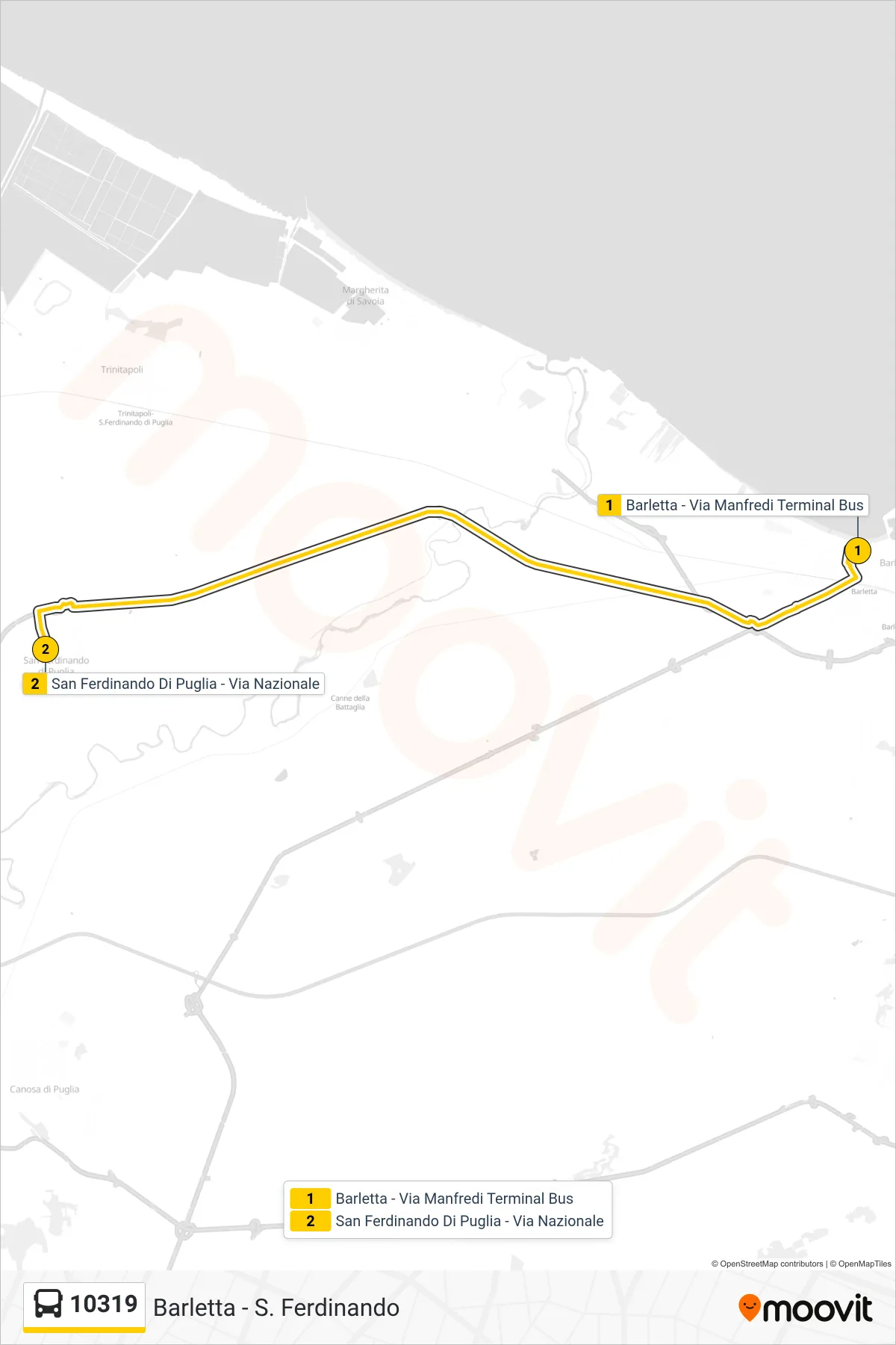 Linea 10319  bus (Barletta - Via Manfredi  Terminal Bus‎→San Ferdinando Di Puglia - Via Nazionale) - Percorsi e fermate sulla mappa