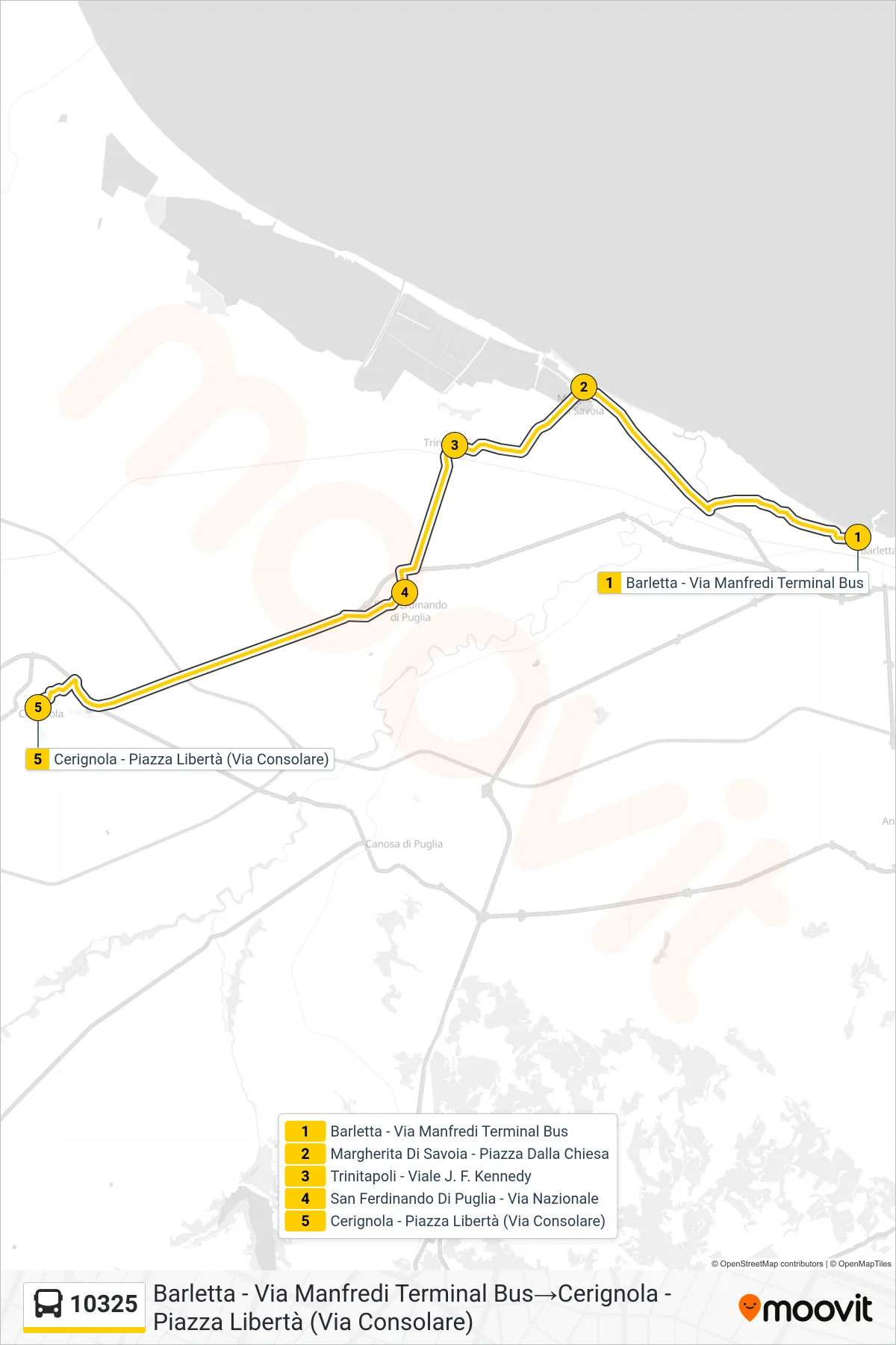 Linea 10325 bus (Barletta - Via Manfredi Terminal Bus→Cerignola - Piazza Libertà (Via Consolare)) - Percorsi e fermate sulla mappa