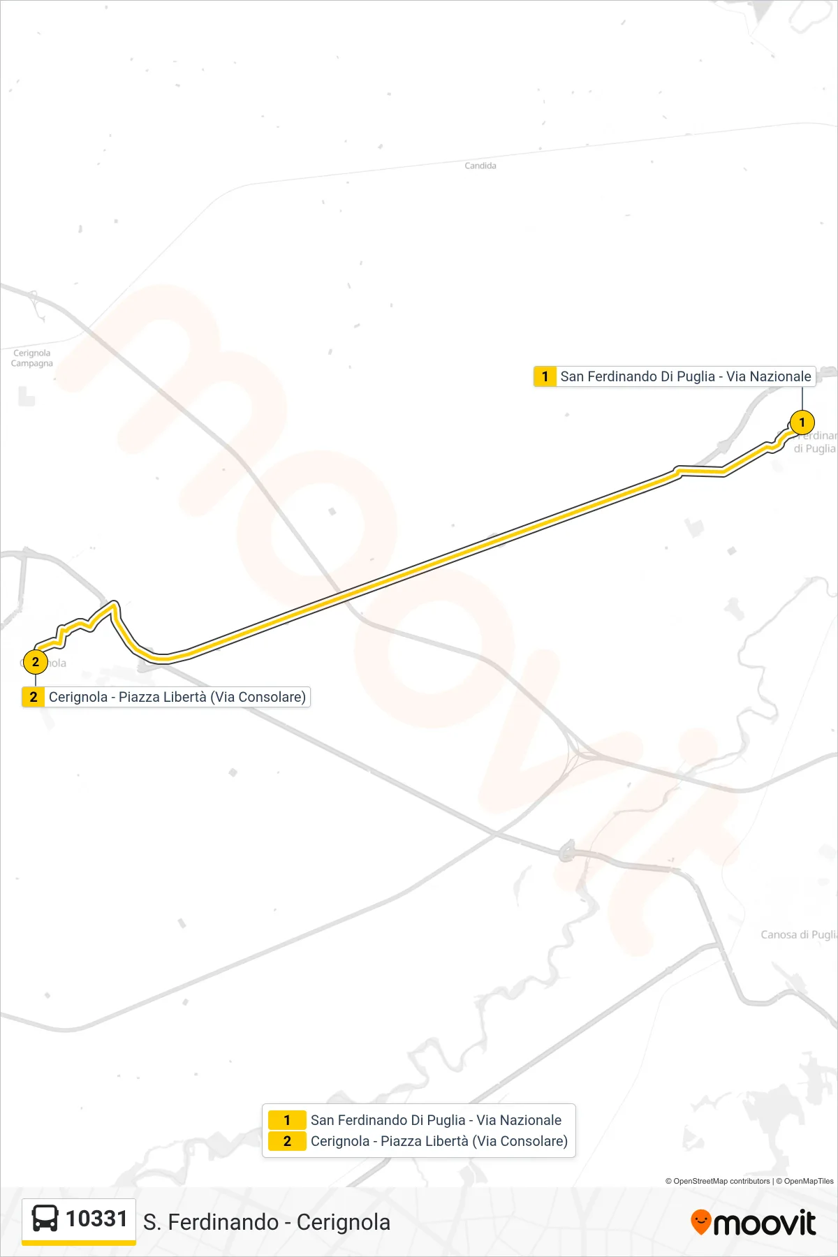 Linea 10331  bus (San Ferdinando Di Puglia - Via Nazionale‎→Cerignola - Piazza Libertà (Via Consolare)) - Percorsi e fermate sulla mappa