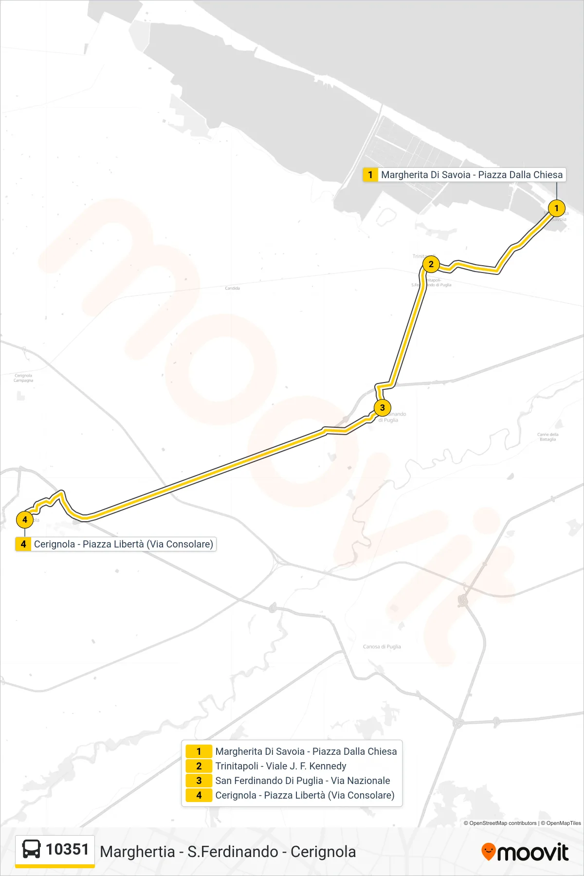 Linea 10351 bus (Margherita Di Savoia - Piazza Dalla Chiesa→Cerignola - Piazza Libertà (Via Consolare)) - Percorsi e fermate sulla mappa