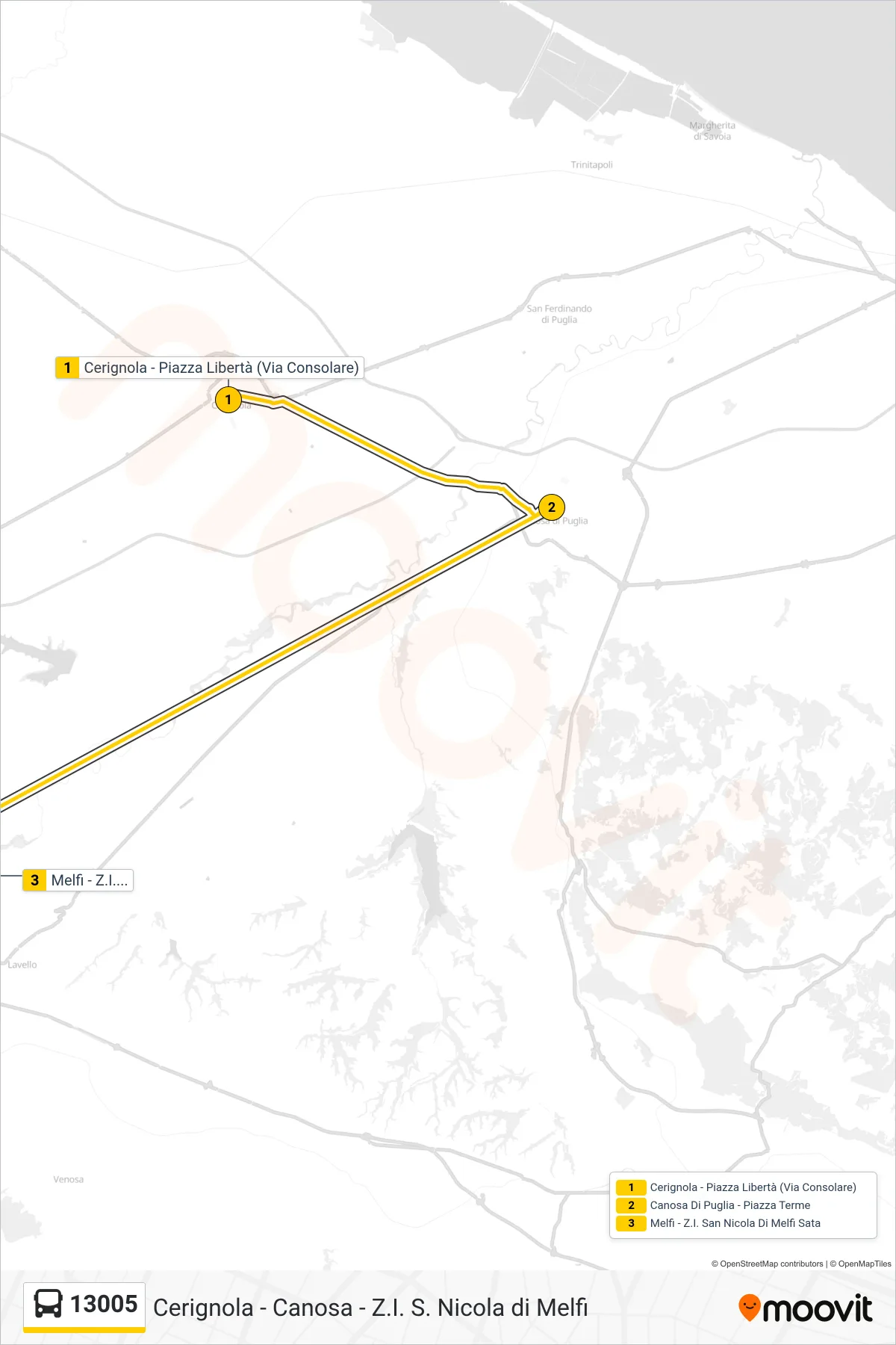 Linea 13005 bus (Cerignola - Piazza Libertà (Via Consolare)→Melfi - Z.I. San Nicola Di Melfi Sata) - Percorsi e fermate sulla mappa
