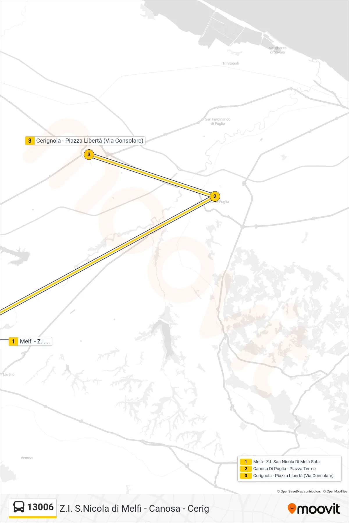 Linea 13006 bus (Melfi - Z.I. San Nicola Di Melfi Sata→Cerignola - Piazza Libertà (Via Consolare)) - Percorsi e fermate sulla mappa