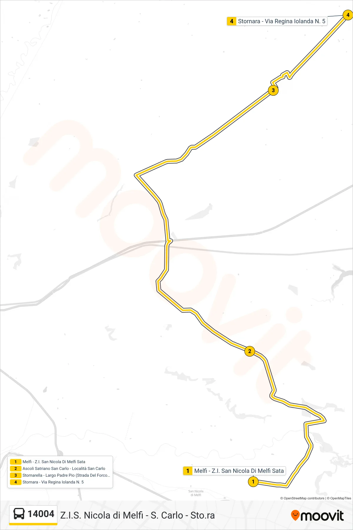 Linea 14004 bus (Melfi - Z.I. San Nicola Di Melfi Sata→Stornara - Via Regina Iolanda N. 5) - Percorsi e fermate sulla mappa
