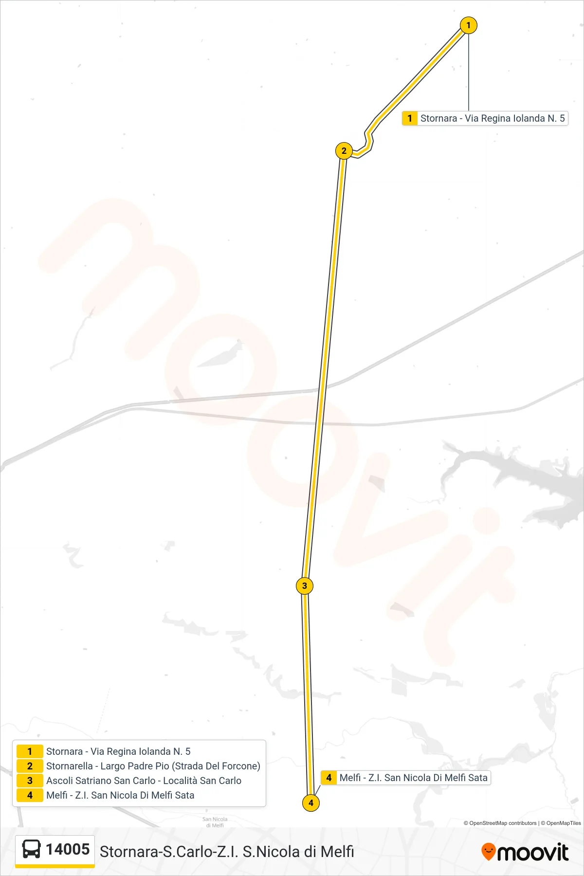 Linea 14005 bus (Stornara - Via Regina Iolanda N. 5→Melfi - Z.I. San Nicola Di Melfi Sata) - Percorsi e fermate sulla mappa