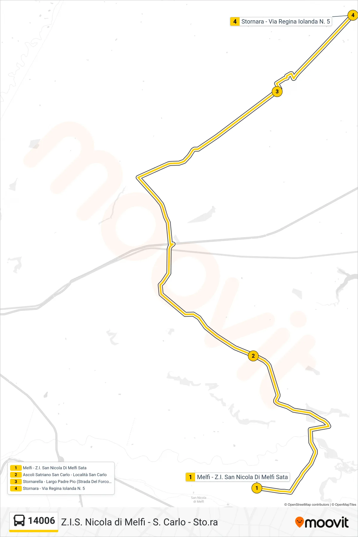 Linea 14006 bus (Melfi - Z.I. San Nicola Di Melfi Sata→Stornara - Via Regina Iolanda N. 5) - Percorsi e fermate sulla mappa