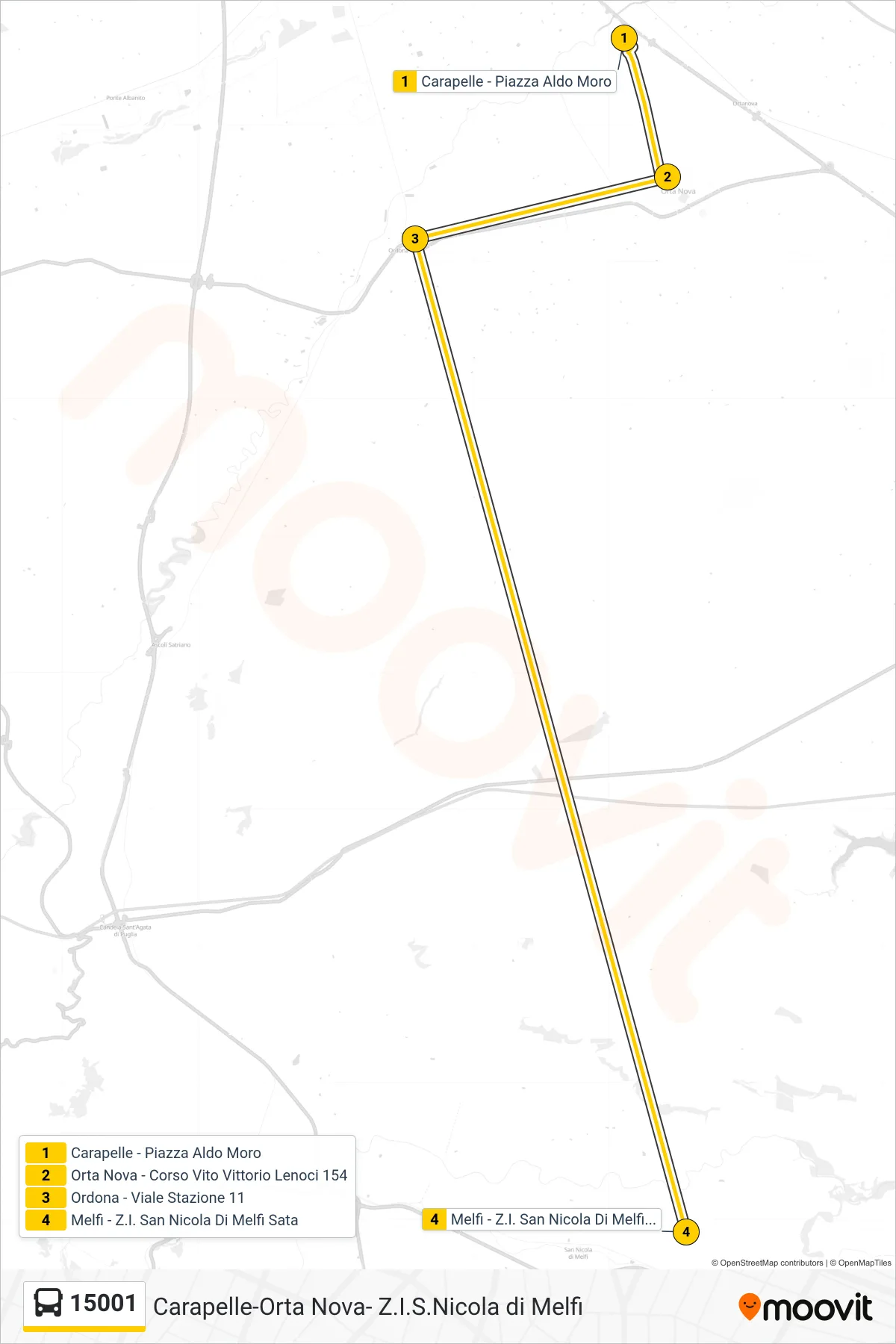 Linea 15001  bus (Carapelle - Piazza Aldo Moro‎→Melfi - Z.I. San Nicola Di Melfi Sata) - Percorsi e fermate sulla mappa