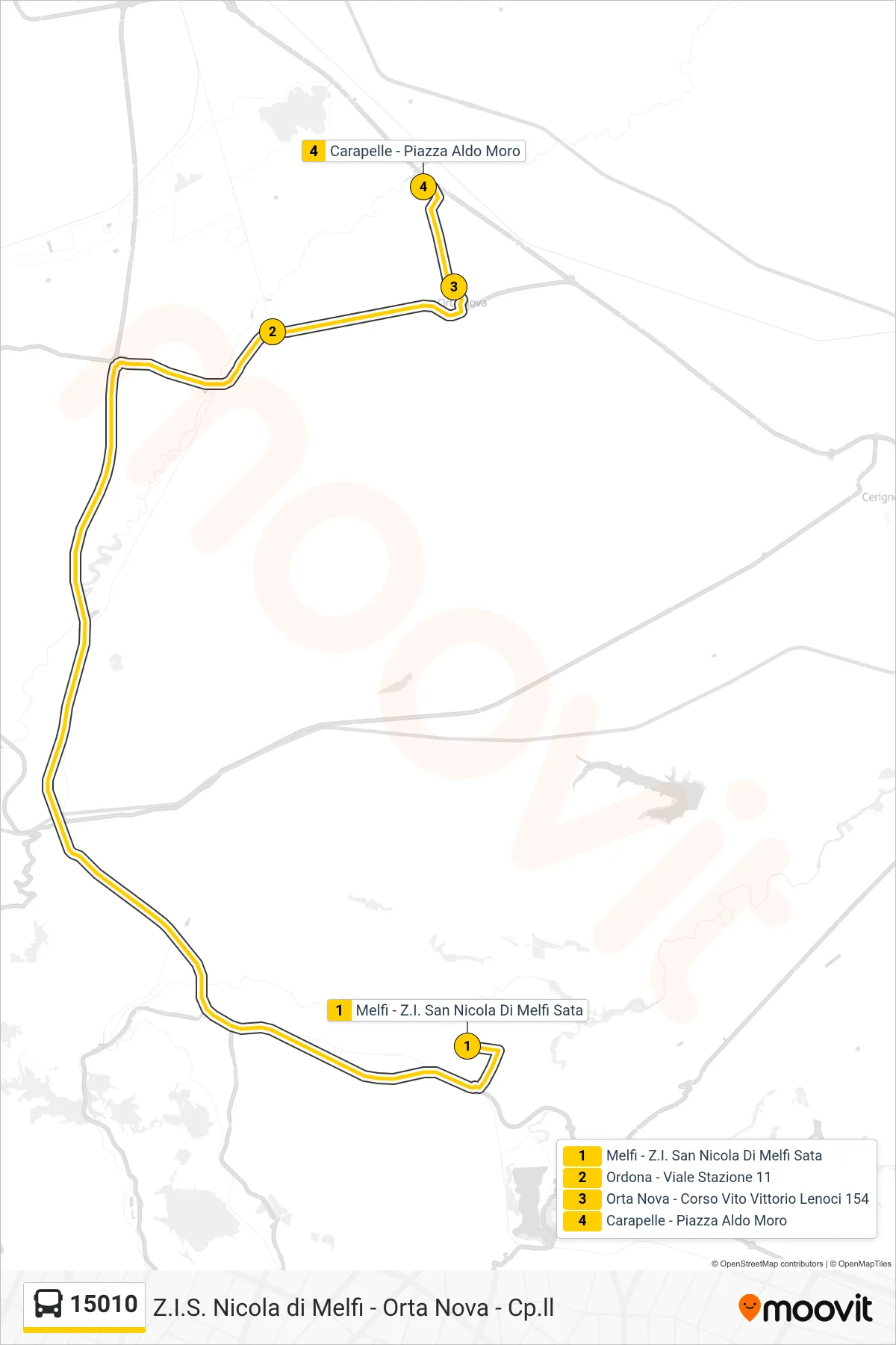 Linea 15010 bus (Melfi - Z.I. San Nicola Di Melfi Sata→Carapelle - Piazza Aldo Moro) - Percorsi e fermate sulla mappa