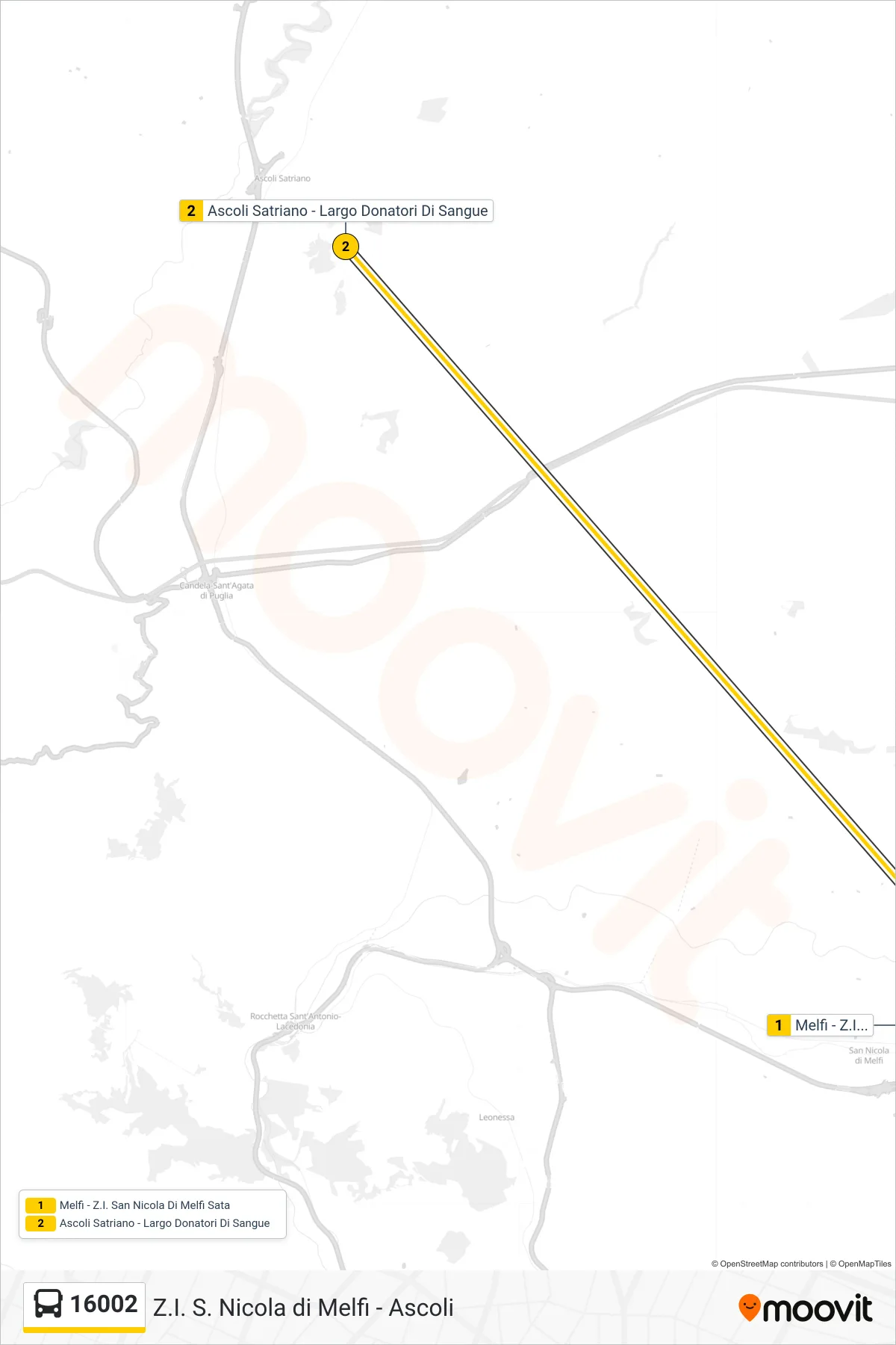 Linea 16002  bus (Melfi - Z.I. San Nicola Di Melfi Sata‎→Ascoli Satriano - Largo Donatori Di Sangue) - Percorsi e fermate sulla mappa
