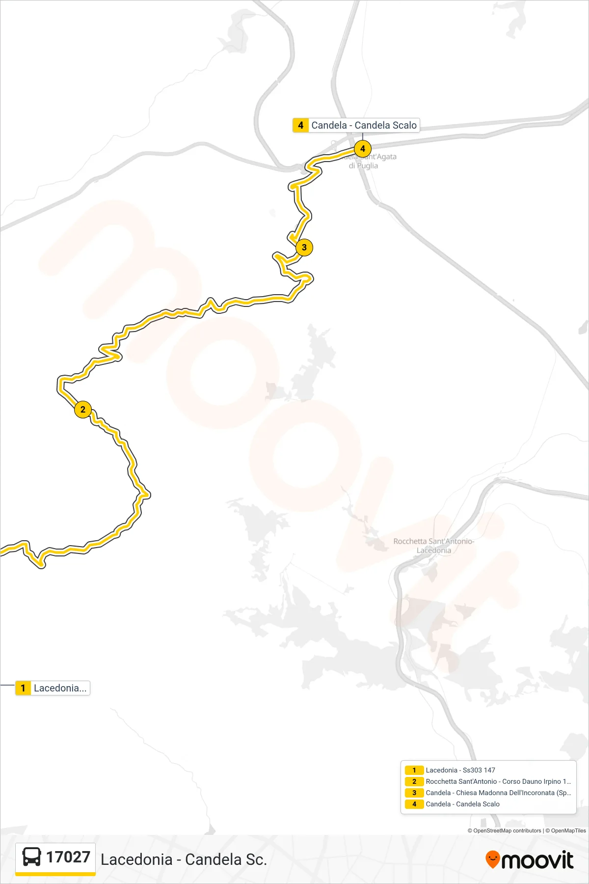 Linea 17027  bus (Lacedonia - Ss303 147‎→Candela - Candela Scalo) - Percorsi e fermate sulla mappa