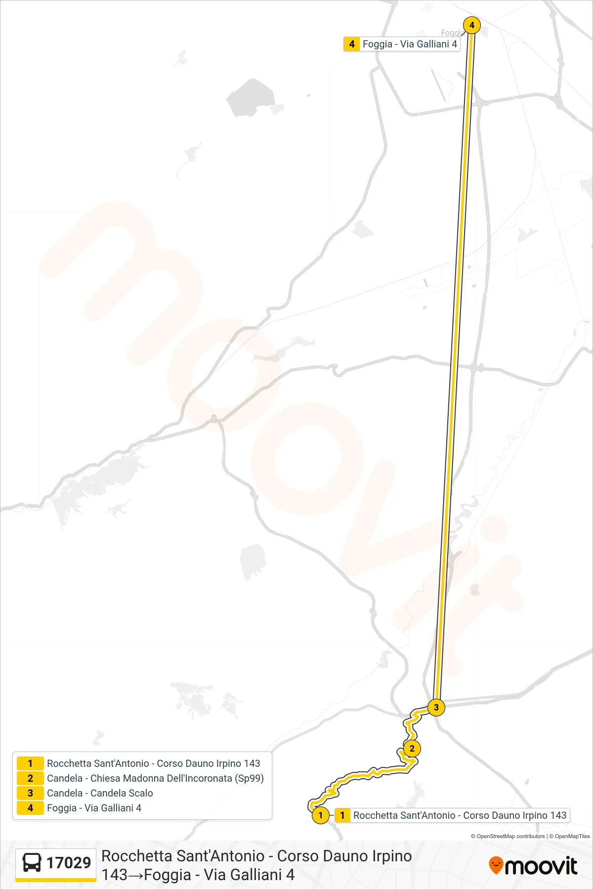 Linea 17029 bus (Rocchetta Sant'Antonio - Corso Dauno Irpino 143→Foggia - Via Galliani 4) - Percorsi e fermate sulla mappa
