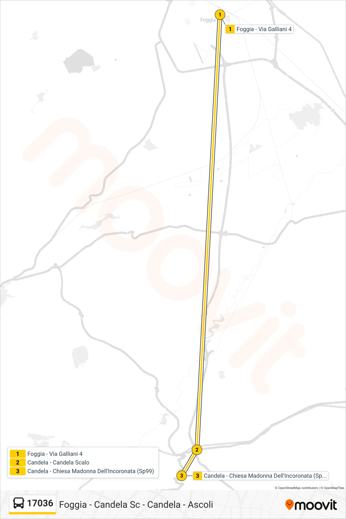 Linea 17036  bus (Foggia - Via Galliani 4‎→Candela - Chiesa Madonna Dell'Incoronata  (Sp99)) - Percorsi e fermate sulla mappa