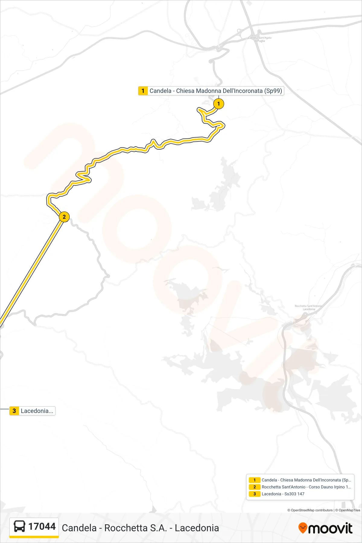 Linea 17044 bus (Candela - Chiesa Madonna Dell'Incoronata (Sp99)→Lacedonia - Ss303 147) - Percorsi e fermate sulla mappa
