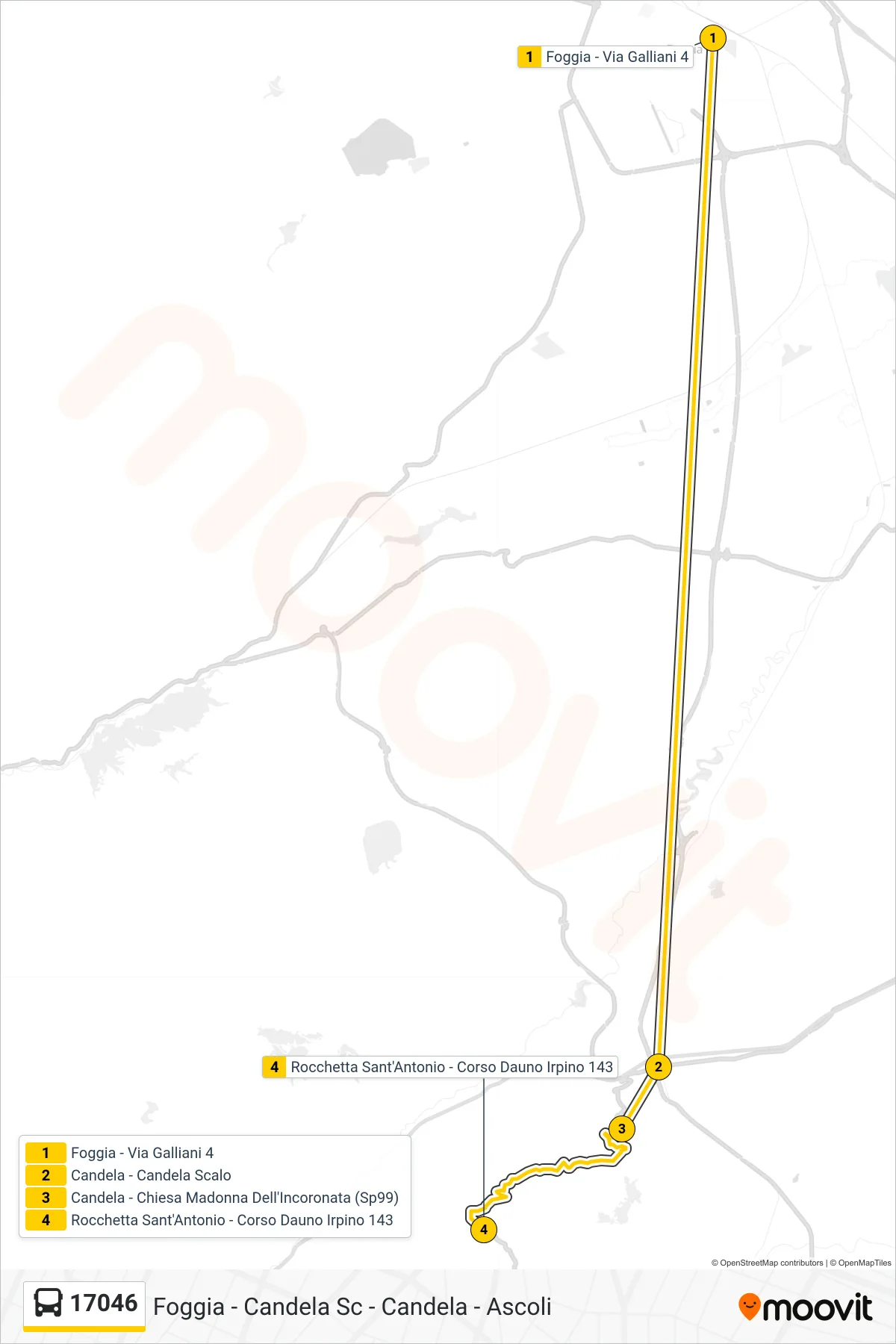 Linea 17046 bus (Foggia - Via Galliani 4→Rocchetta Sant'Antonio - Corso Dauno Irpino 143) - Percorsi e fermate sulla mappa