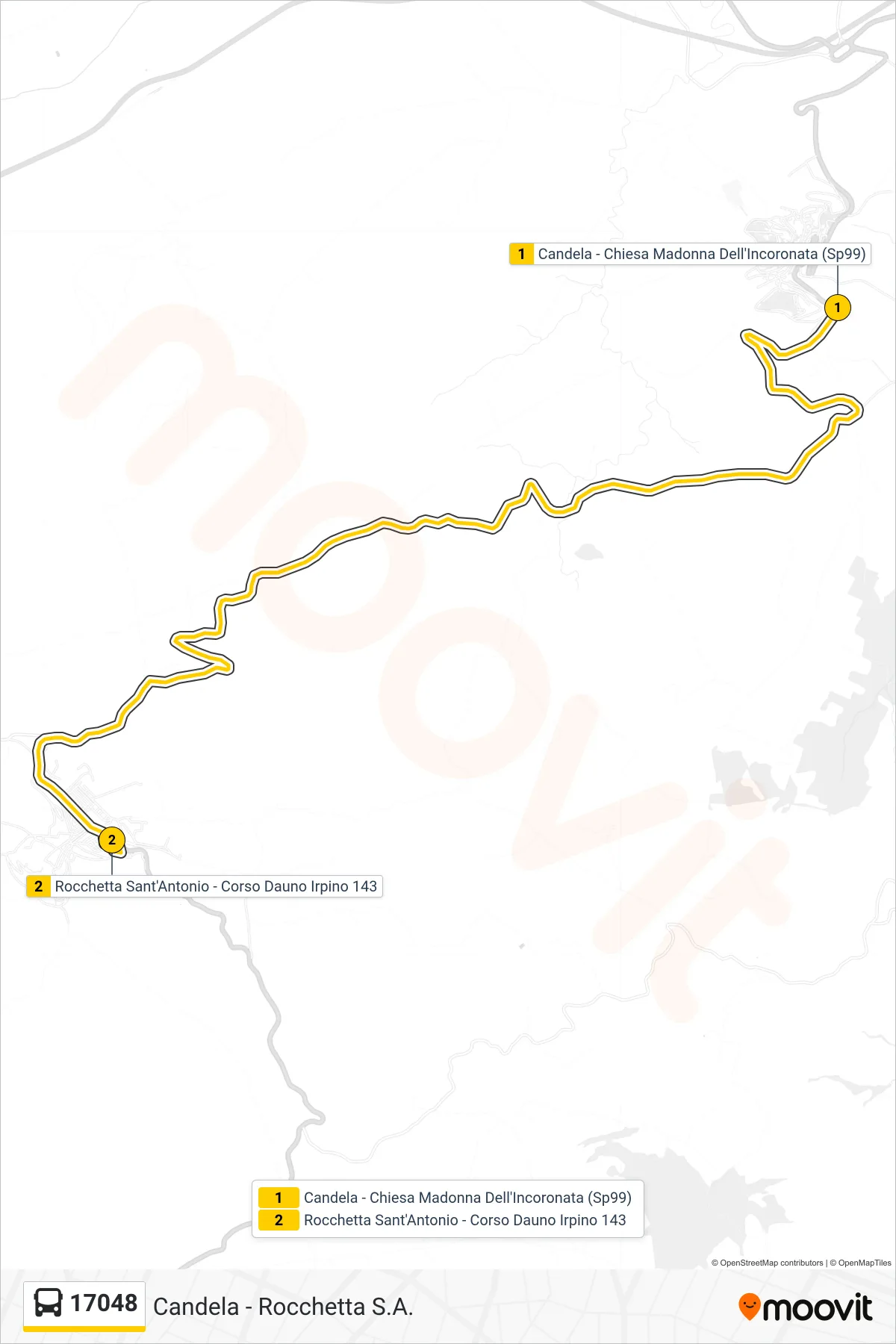 Linea 17048 bus (Candela - Chiesa Madonna Dell'Incoronata (Sp99)→Rocchetta Sant'Antonio - Corso Dauno Irpino 143) - Percorsi e fermate sulla mappa