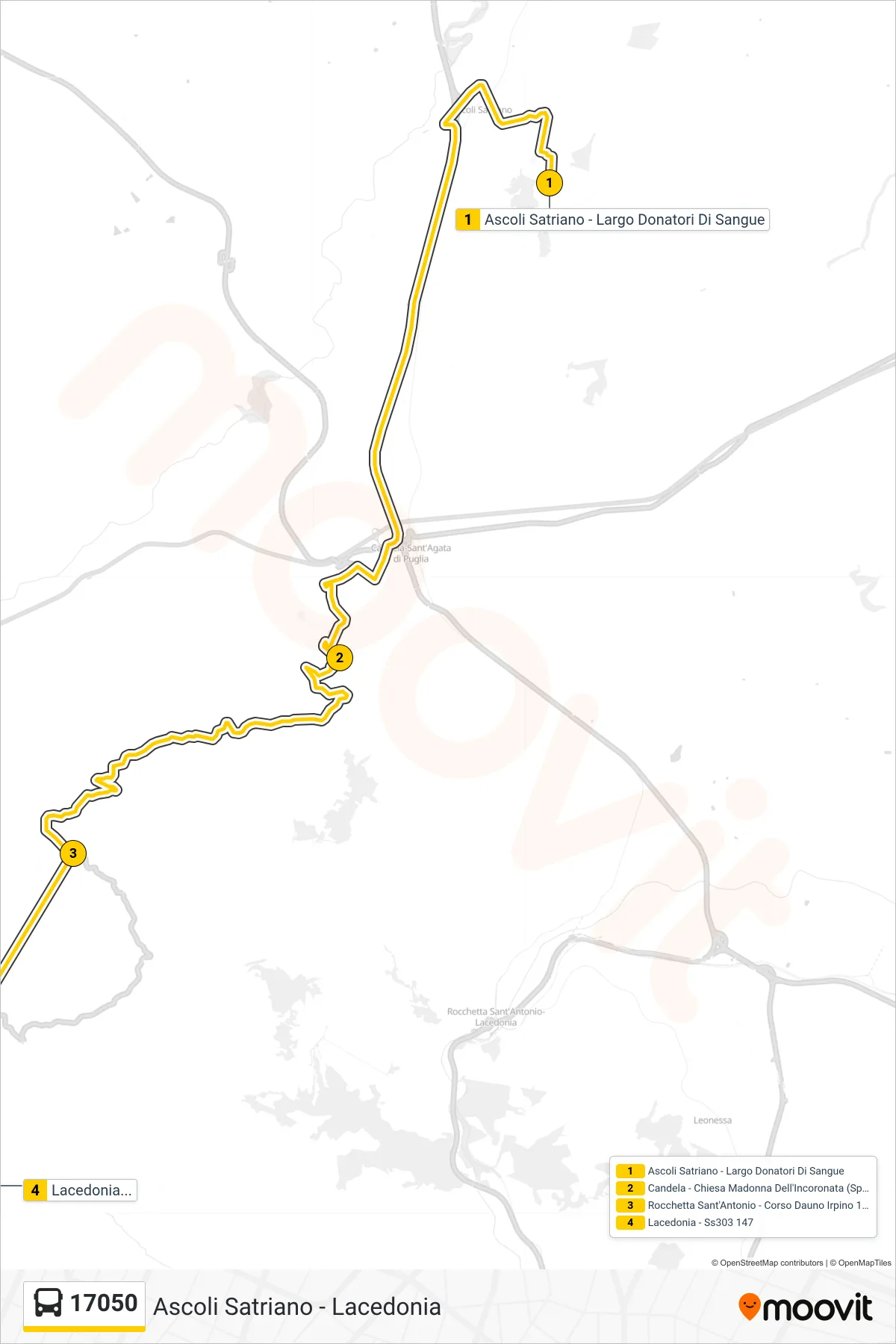 Linea 17050 bus (Ascoli Satriano - Largo Donatori Di Sangue→Lacedonia - Ss303 147) - Percorsi e fermate sulla mappa