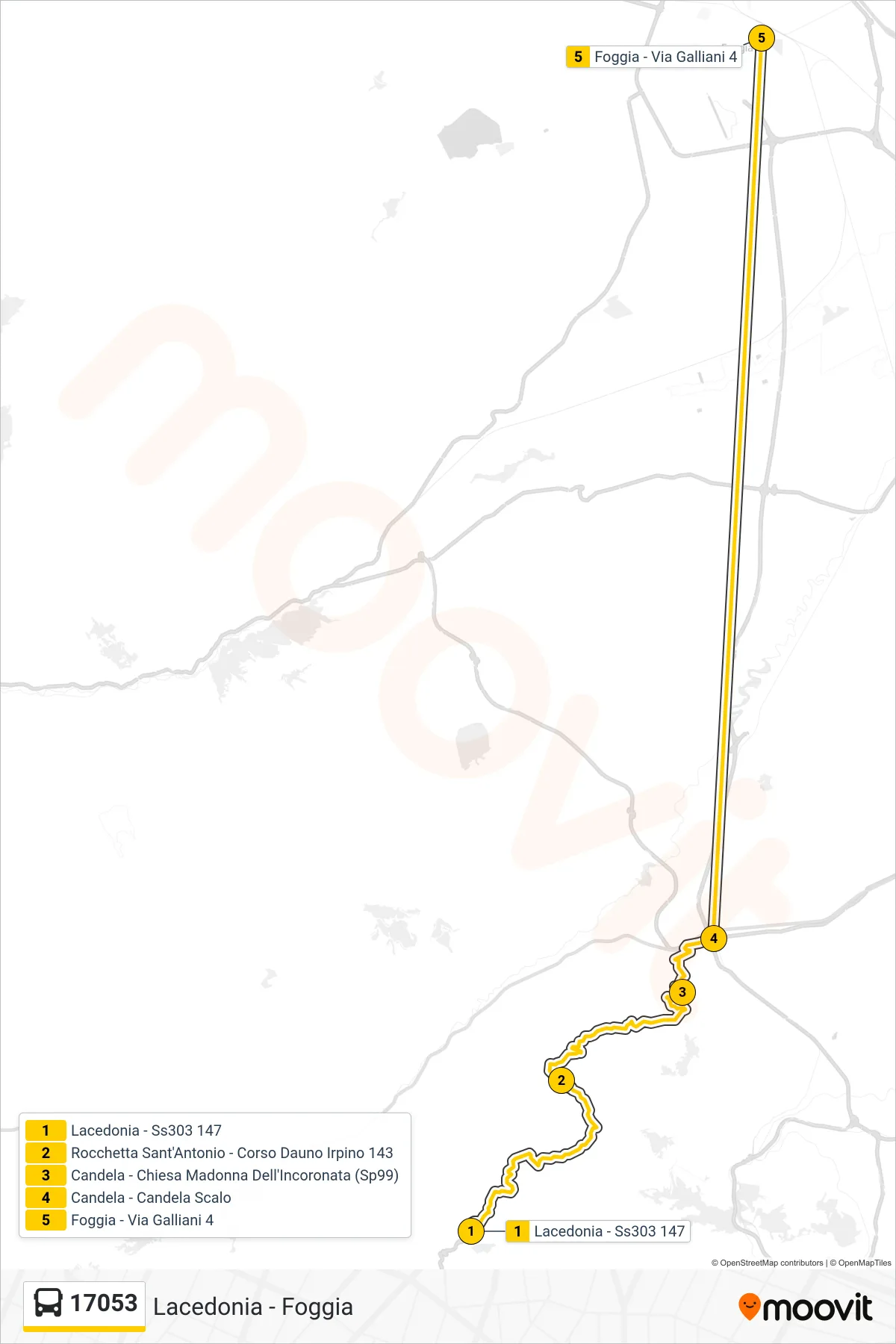 Linea 17053 bus (Lacedonia - Ss303 147→Foggia - Via Galliani 4) - Percorsi e fermate sulla mappa