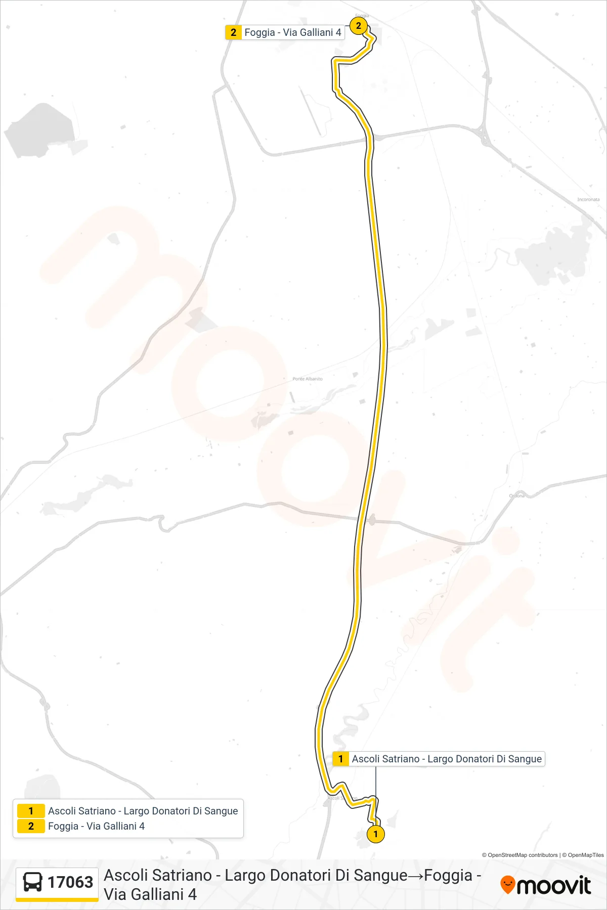 Linea 17063 bus (Ascoli Satriano - Largo Donatori Di Sangue→Foggia - Via Galliani 4) - Percorsi e fermate sulla mappa