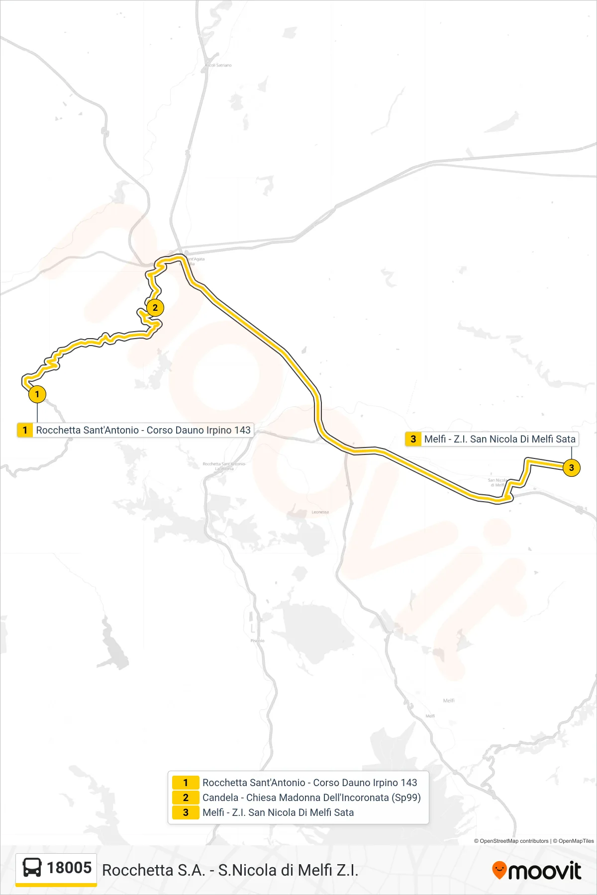 Linea 18005 bus (Rocchetta Sant'Antonio - Corso Dauno Irpino 143→Melfi - Z.I. San Nicola Di Melfi Sata) - Percorsi e fermate sulla mappa