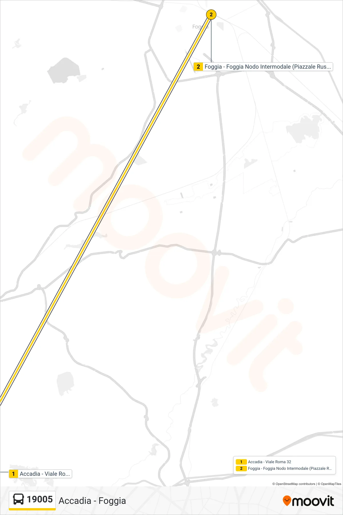 Linea 19005  bus (Accadia - Viale Roma 32‎→Foggia - Foggia Nodo Intermodale (Piazzale Russo)) - Percorsi e fermate sulla mappa