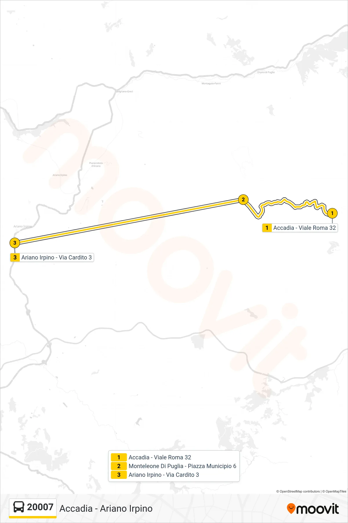 Linea 20007 bus (Accadia - Viale Roma 32→Ariano Irpino - Via Cardito 3) - Percorsi e fermate sulla mappa