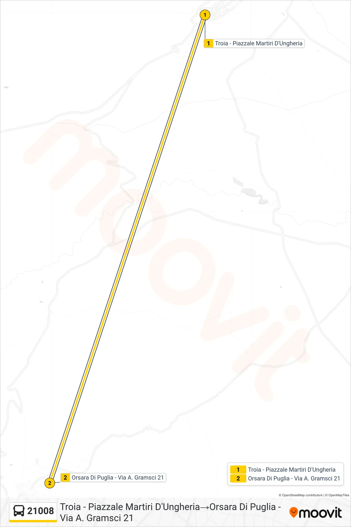 Linea 21008  bus (Troia - Piazzale Martiri D'Ungheria‎→Orsara Di Puglia - Via A. Gramsci 21) - Percorsi e fermate sulla mappa