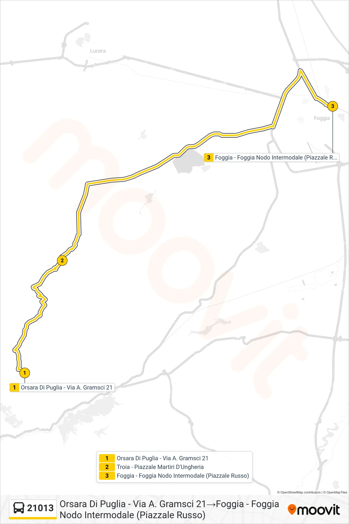 Linea 21013  bus (Orsara Di Puglia - Via A. Gramsci 21‎→Foggia - Foggia Nodo Intermodale (Piazzale Russo)) - Percorsi e fermate sulla mappa
