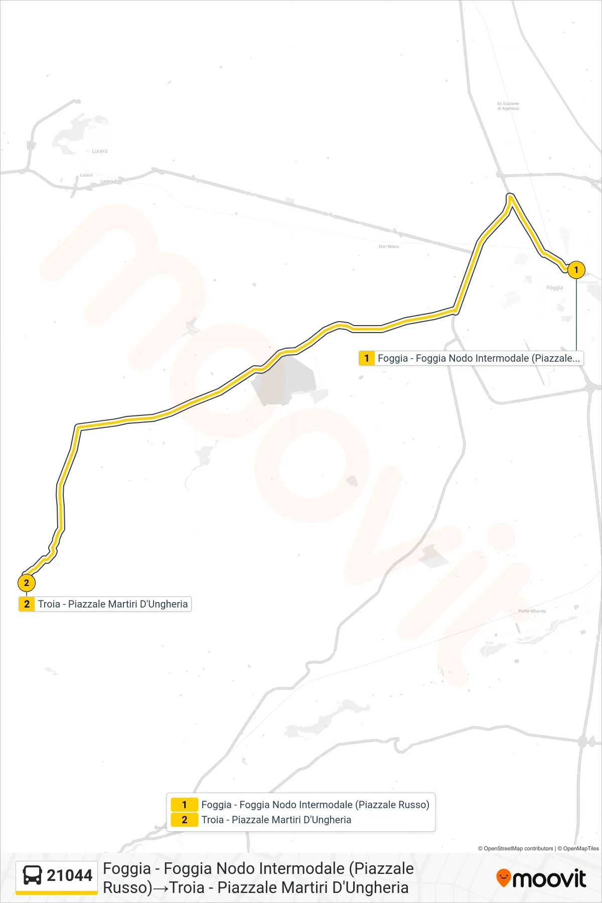 Linea 21044 bus (Foggia - Foggia Nodo Intermodale (Piazzale Russo)→Troia - Piazzale Martiri D'Ungheria) - Percorsi e fermate sulla mappa
