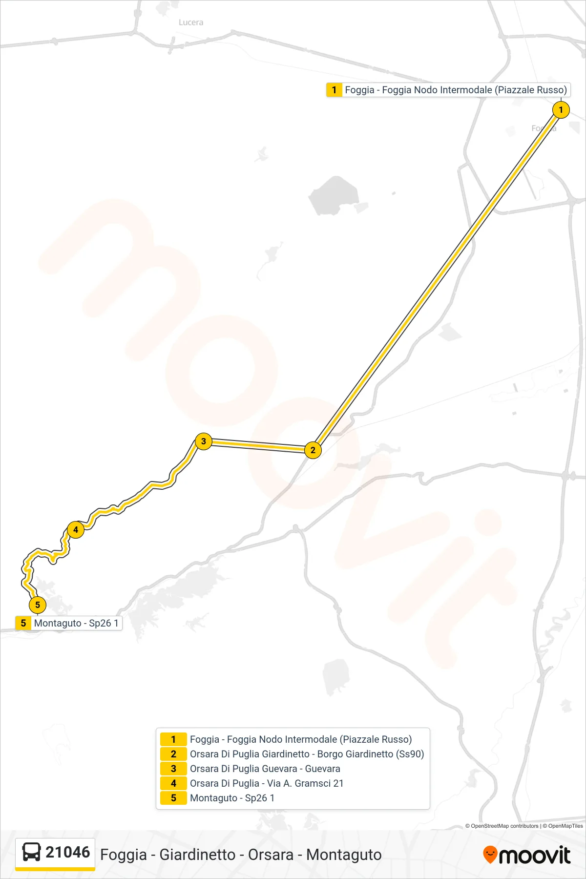 Linea 21046 bus (Foggia - Foggia Nodo Intermodale (Piazzale Russo)→Montaguto - Sp26 1) - Percorsi e fermate sulla mappa