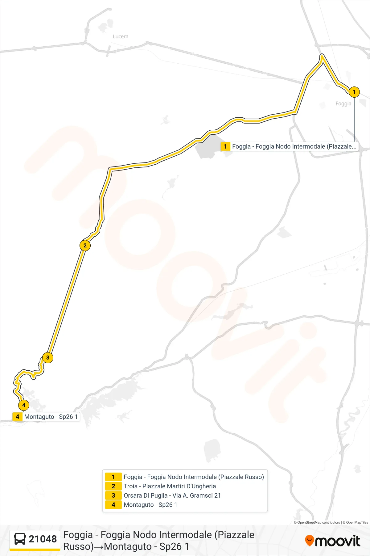 Linea 21048 bus (Foggia - Foggia Nodo Intermodale (Piazzale Russo)→Montaguto - Sp26 1) - Percorsi e fermate sulla mappa