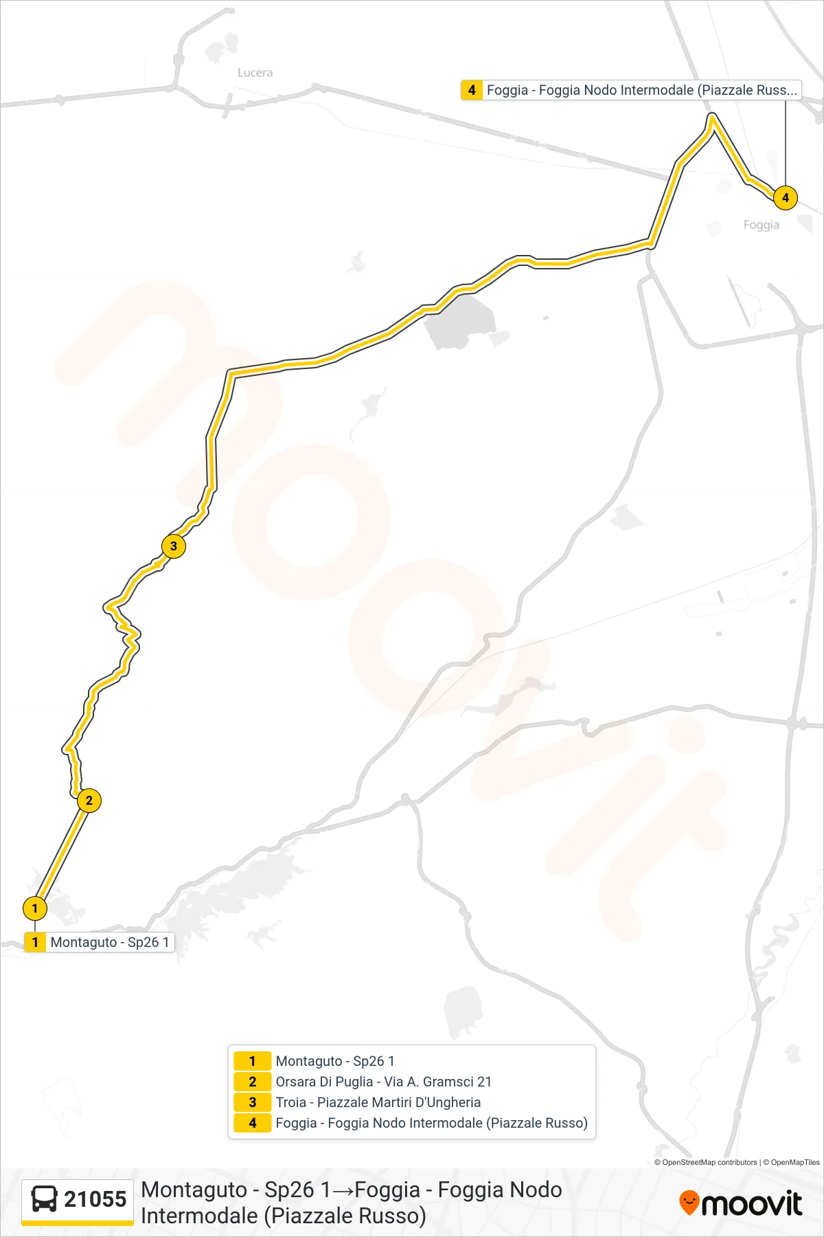 Linea 21055 bus (Montaguto - Sp26 1→Foggia - Foggia Nodo Intermodale (Piazzale Russo)) - Percorsi e fermate sulla mappa