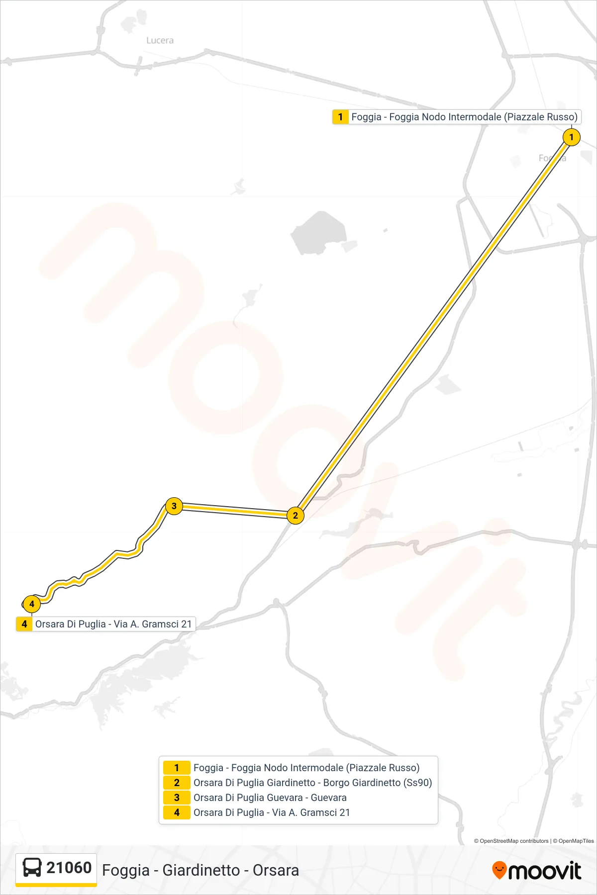 Linea 21060  bus (Foggia - Foggia Nodo Intermodale (Piazzale Russo)‎→Orsara Di Puglia - Via A. Gramsci 21) - Percorsi e fermate sulla mappa