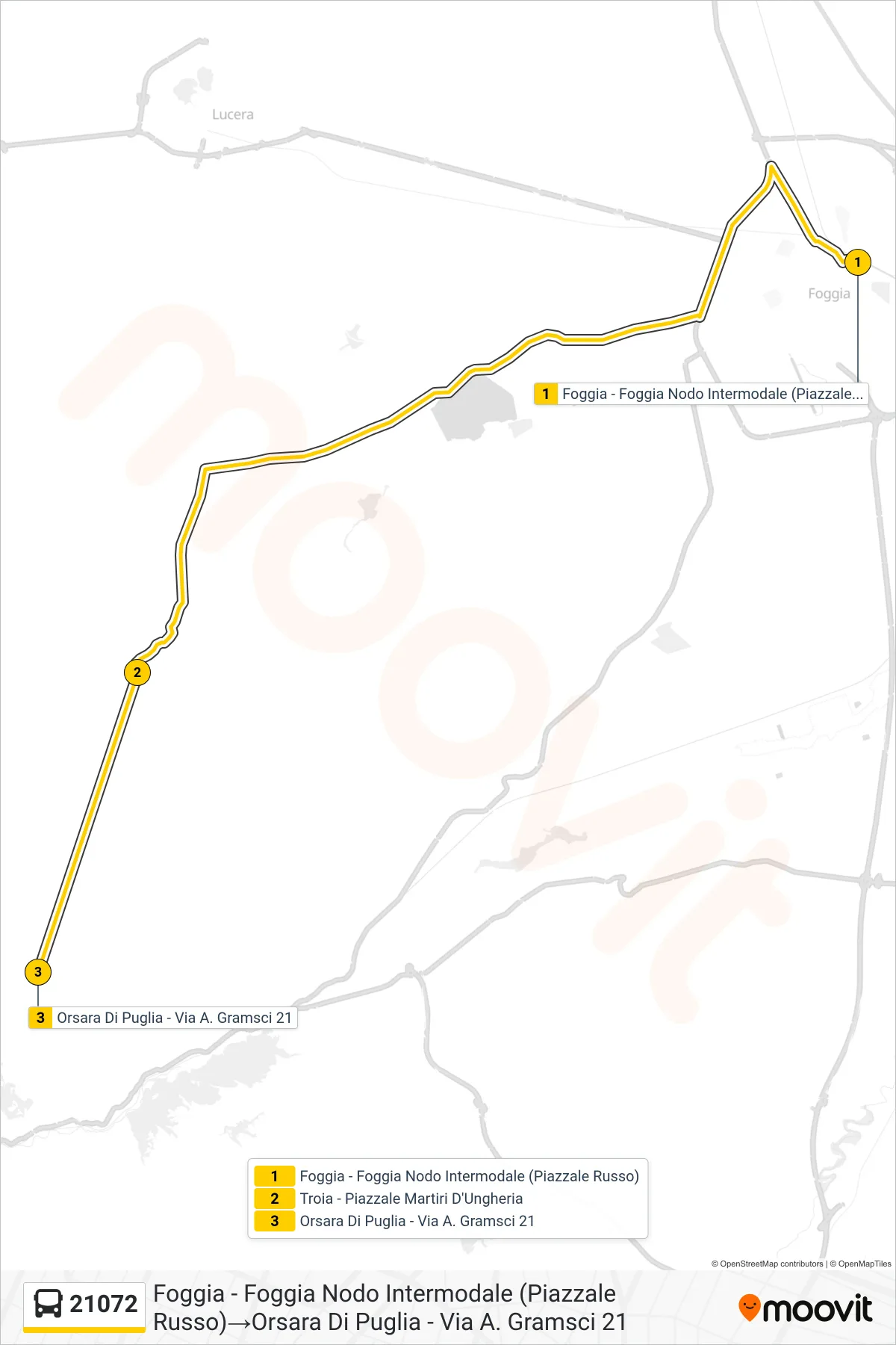 Linea 21072  bus (Foggia - Foggia Nodo Intermodale (Piazzale Russo)‎→Orsara Di Puglia - Via A. Gramsci 21) - Percorsi e fermate sulla mappa