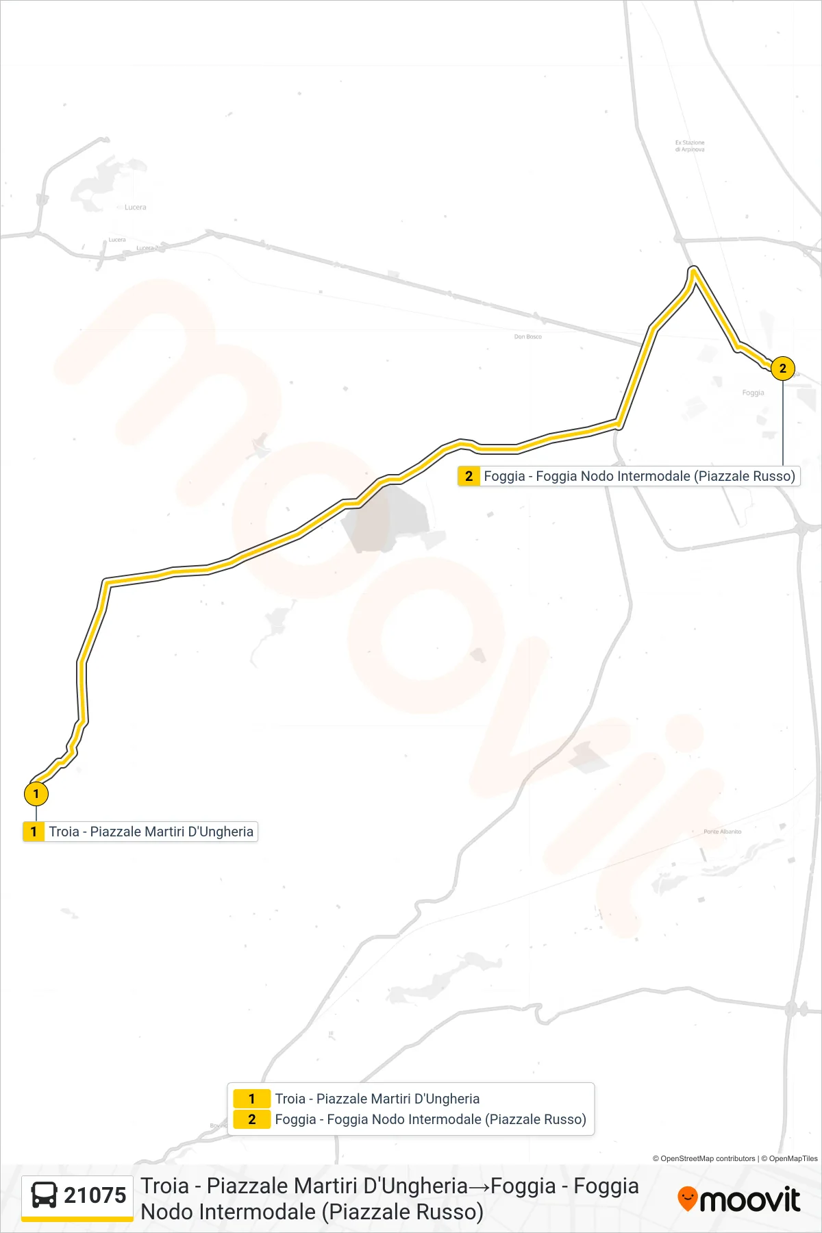 Linea 21075 bus (Troia - Piazzale Martiri D'Ungheria→Foggia - Foggia Nodo Intermodale (Piazzale Russo)) - Percorsi e fermate sulla mappa