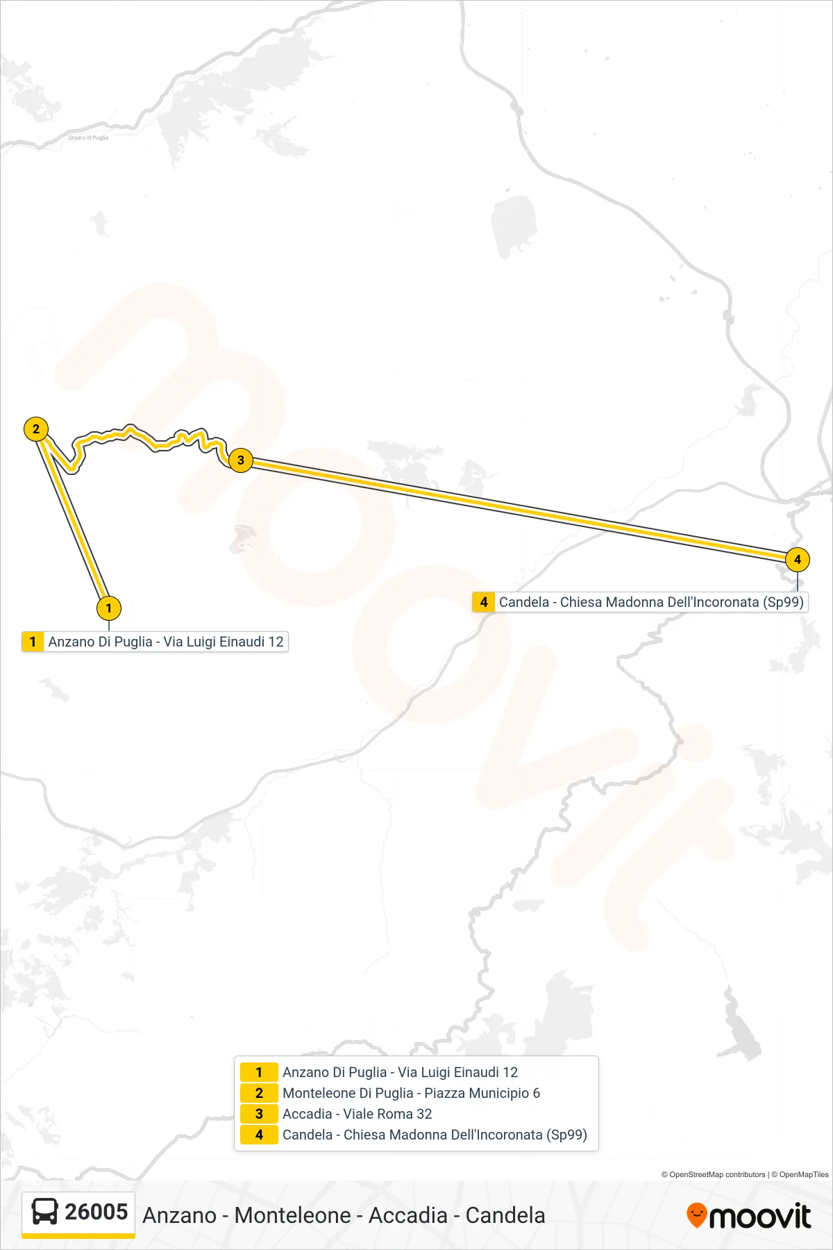 Linea 26005 bus (Anzano Di Puglia - Via Luigi Einaudi 12→Candela - Chiesa Madonna Dell'Incoronata (Sp99)) - Percorsi e fermate sulla mappa