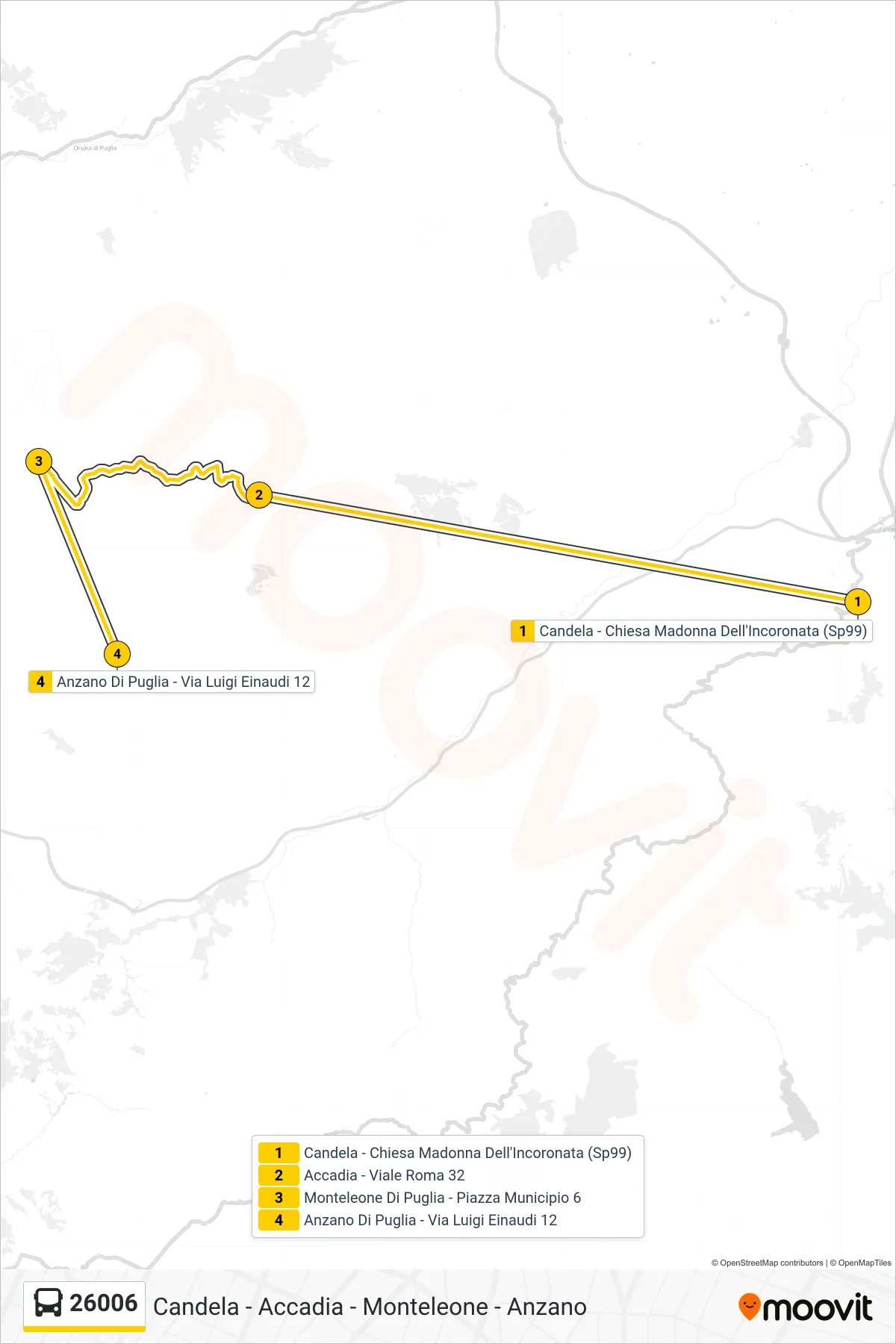 Linea 26006  bus (Candela - Chiesa Madonna Dell'Incoronata  (Sp99)‎→Anzano Di Puglia - Via Luigi Einaudi 12) - Percorsi e fermate sulla mappa