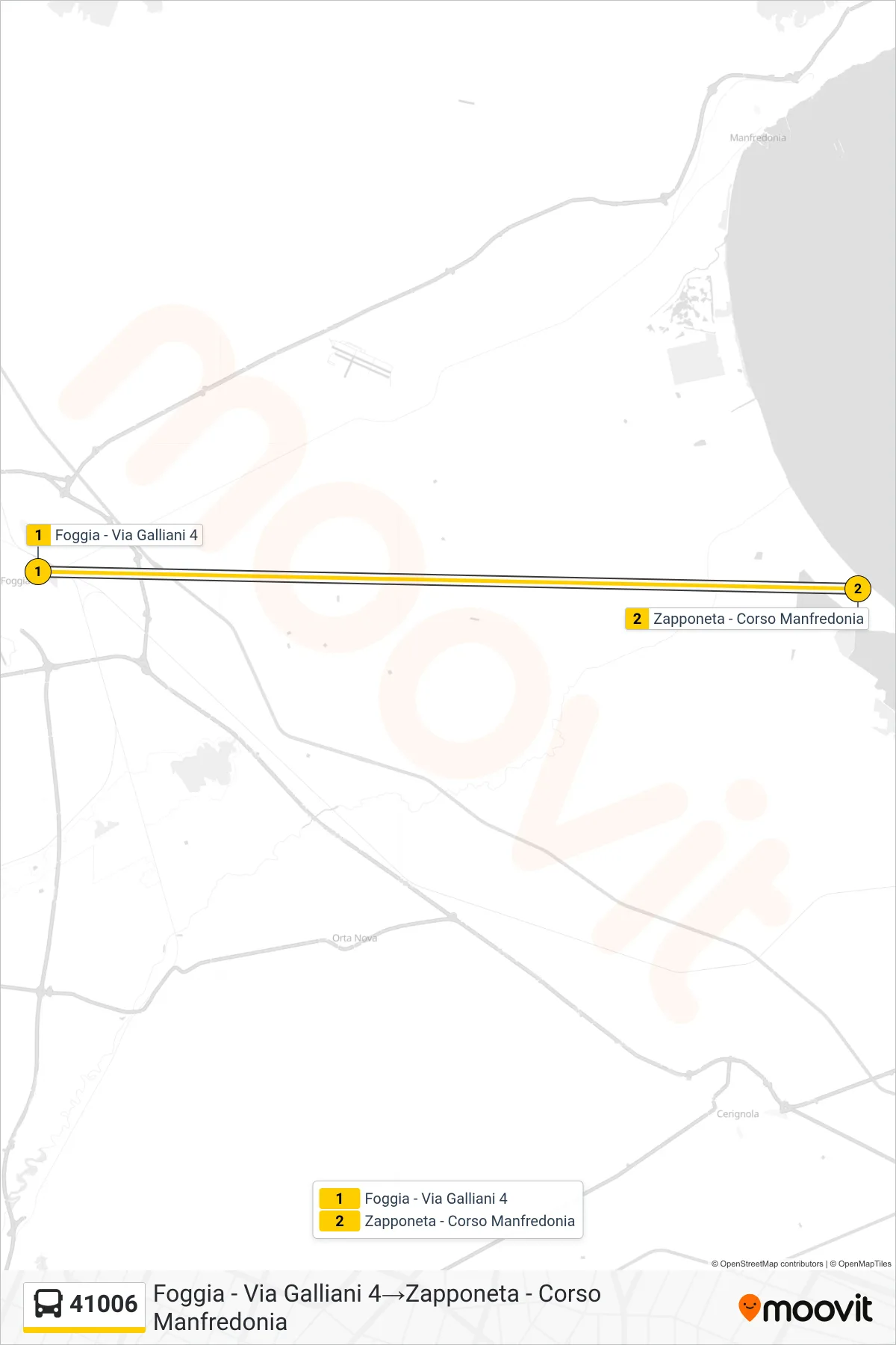 Linea 41006 bus (Foggia - Via Galliani 4→Zapponeta - Corso Manfredonia) - Percorsi e fermate sulla mappa