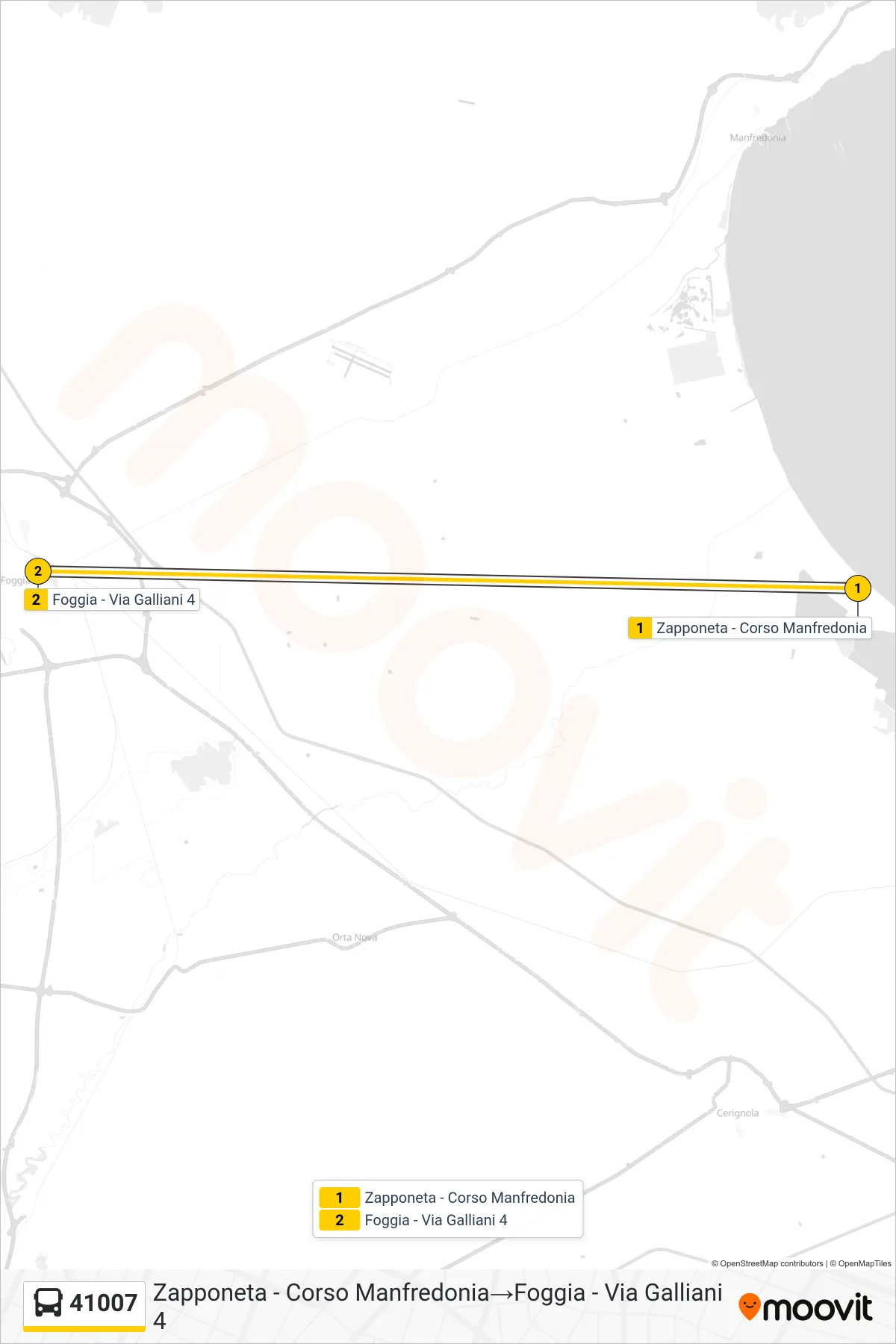 Linea 41007  bus (Zapponeta - Corso Manfredonia‎→Foggia - Via Galliani 4) - Percorsi e fermate sulla mappa