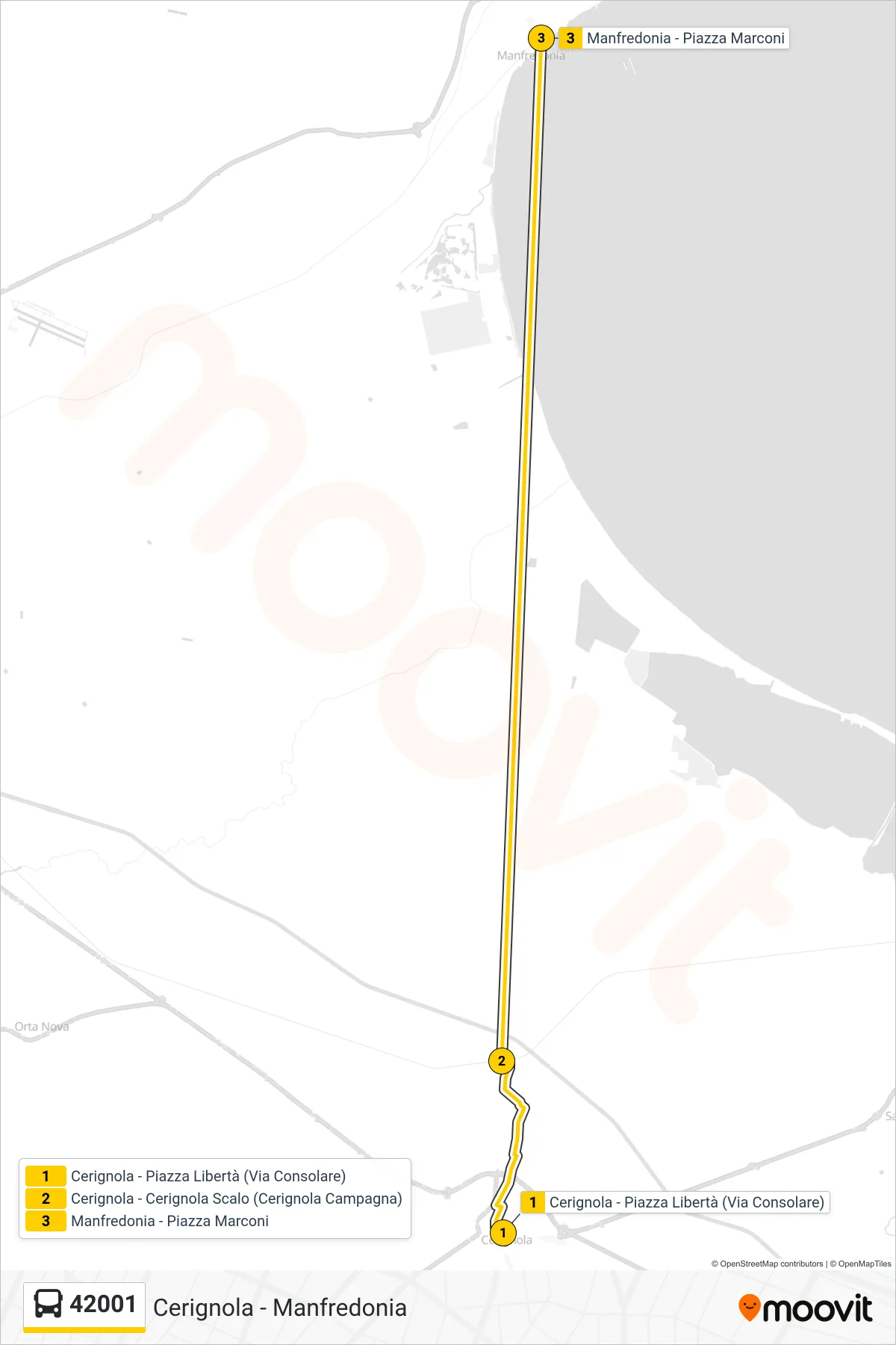 Linea 42001  bus (Cerignola - Piazza Libertà (Via Consolare)‎→Manfredonia - Piazza Marconi) - Percorsi e fermate sulla mappa