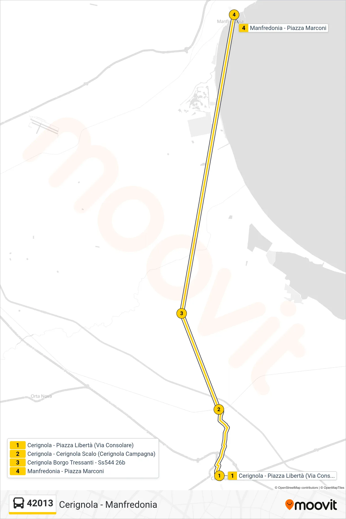 Linea 42013 bus (Cerignola - Piazza Libertà (Via Consolare)→Manfredonia - Piazza Marconi) - Percorsi e fermate sulla mappa
