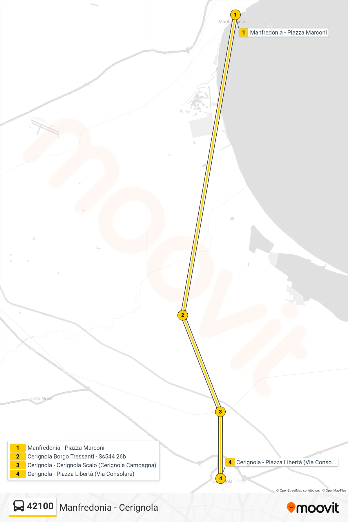Linea 42100 bus (Manfredonia - Piazza Marconi→Cerignola - Piazza Libertà (Via Consolare)) - Percorsi e fermate sulla mappa