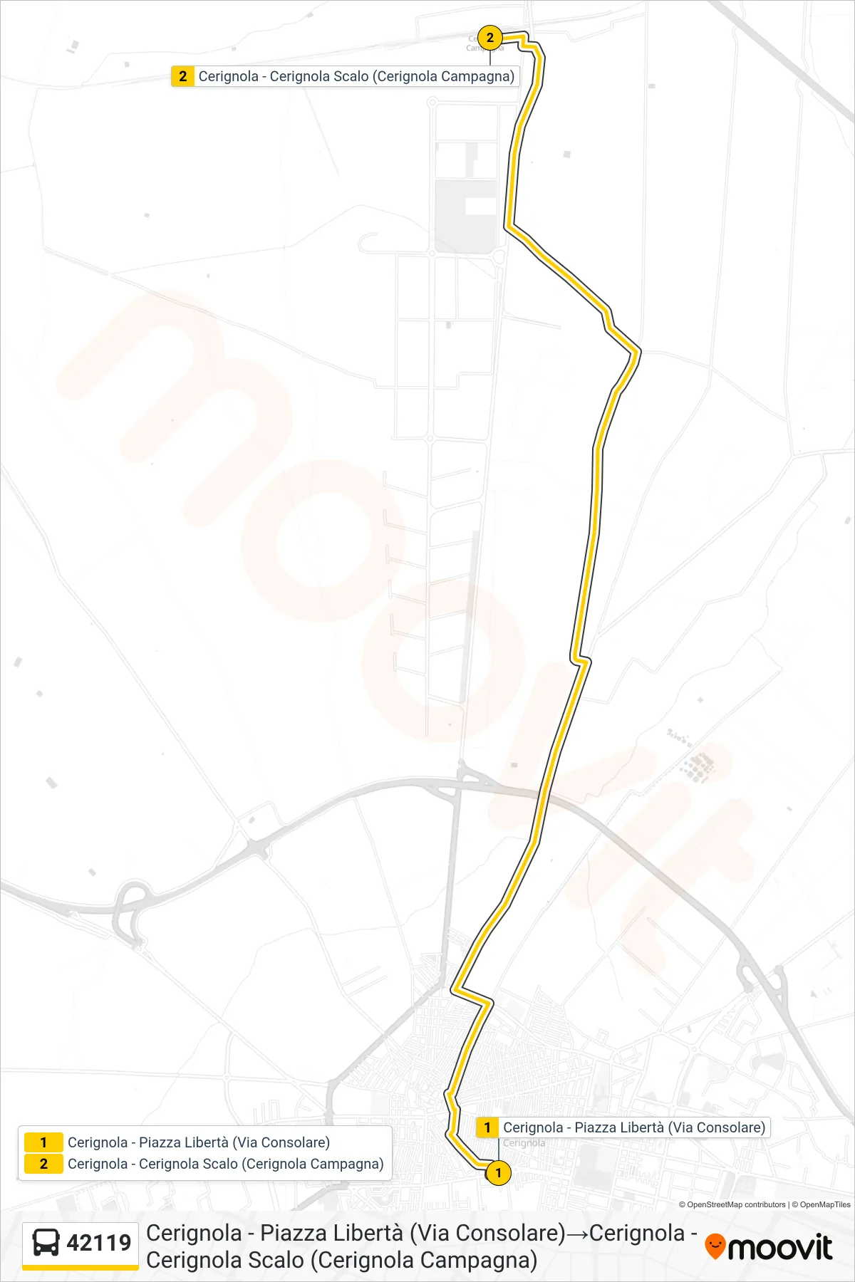 Linea 42119  bus (Cerignola - Piazza Libertà (Via Consolare)‎→Cerignola - Cerignola Scalo (Cerignola Campagna)) - Percorsi e fermate sulla mappa