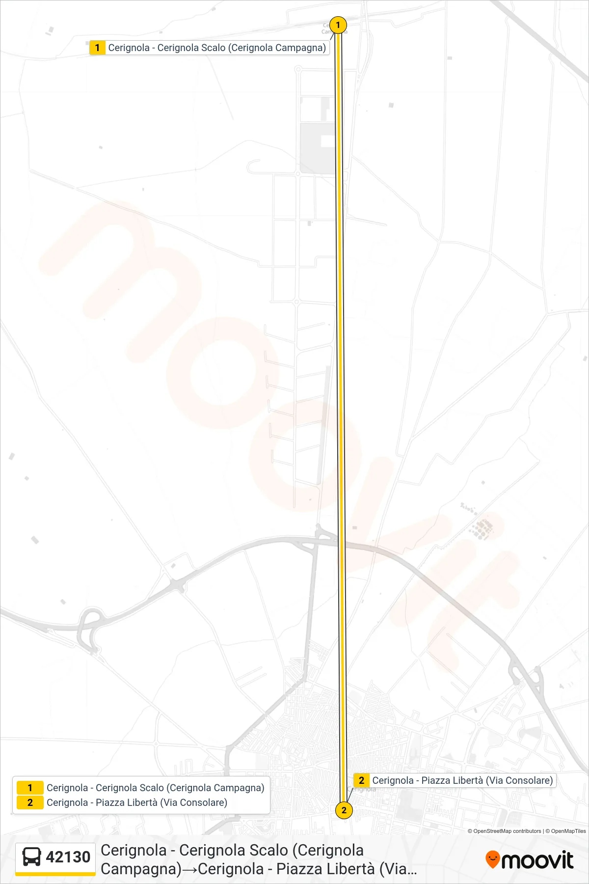Linea 42130  bus (Cerignola - Cerignola Scalo (Cerignola Campagna)‎→Cerignola - Piazza Libertà (Via Consolare)) - Percorsi e fermate sulla mappa