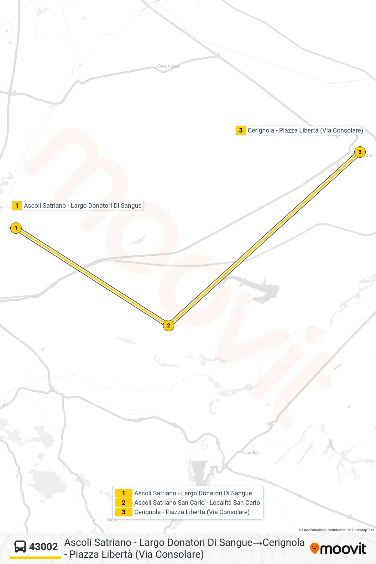 Linea 43002  bus (Ascoli Satriano - Largo Donatori Di Sangue‎→Cerignola - Piazza Libertà (Via Consolare)) - Percorsi e fermate sulla mappa
