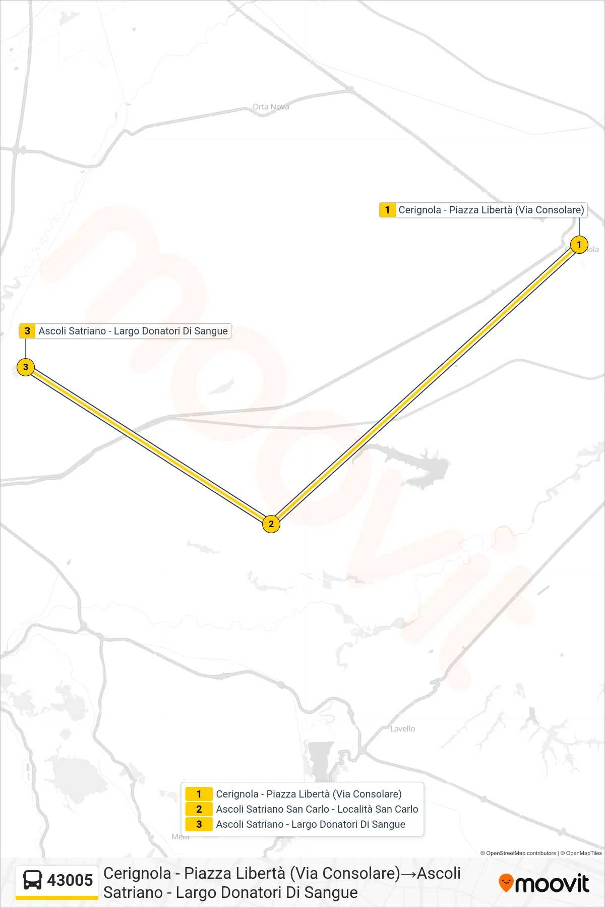 Linea 43005 bus (Cerignola - Piazza Libertà (Via Consolare)→Ascoli Satriano - Largo Donatori Di Sangue) - Percorsi e fermate sulla mappa