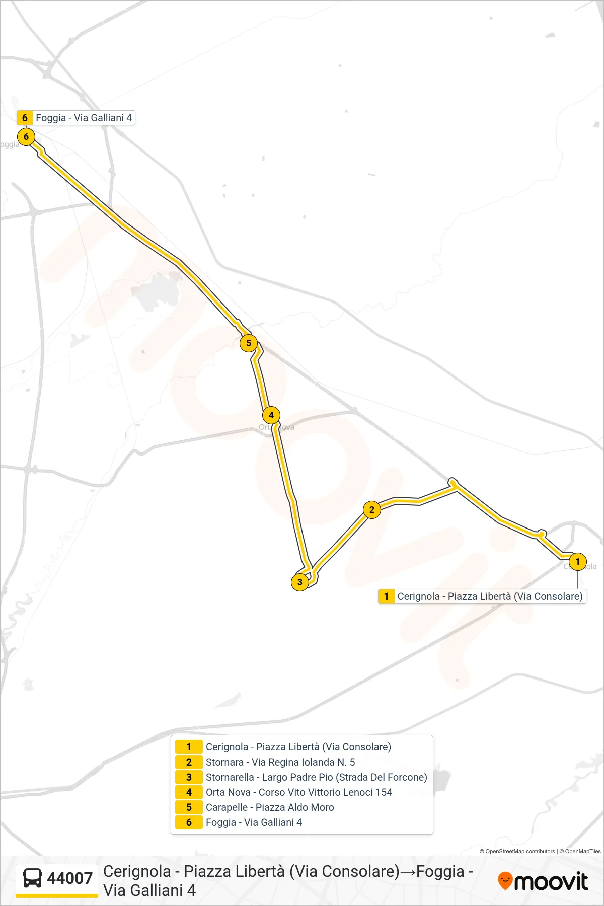Linea 44007 bus (Cerignola - Piazza Libertà (Via Consolare)→Foggia - Via Galliani 4) - Percorsi e fermate sulla mappa