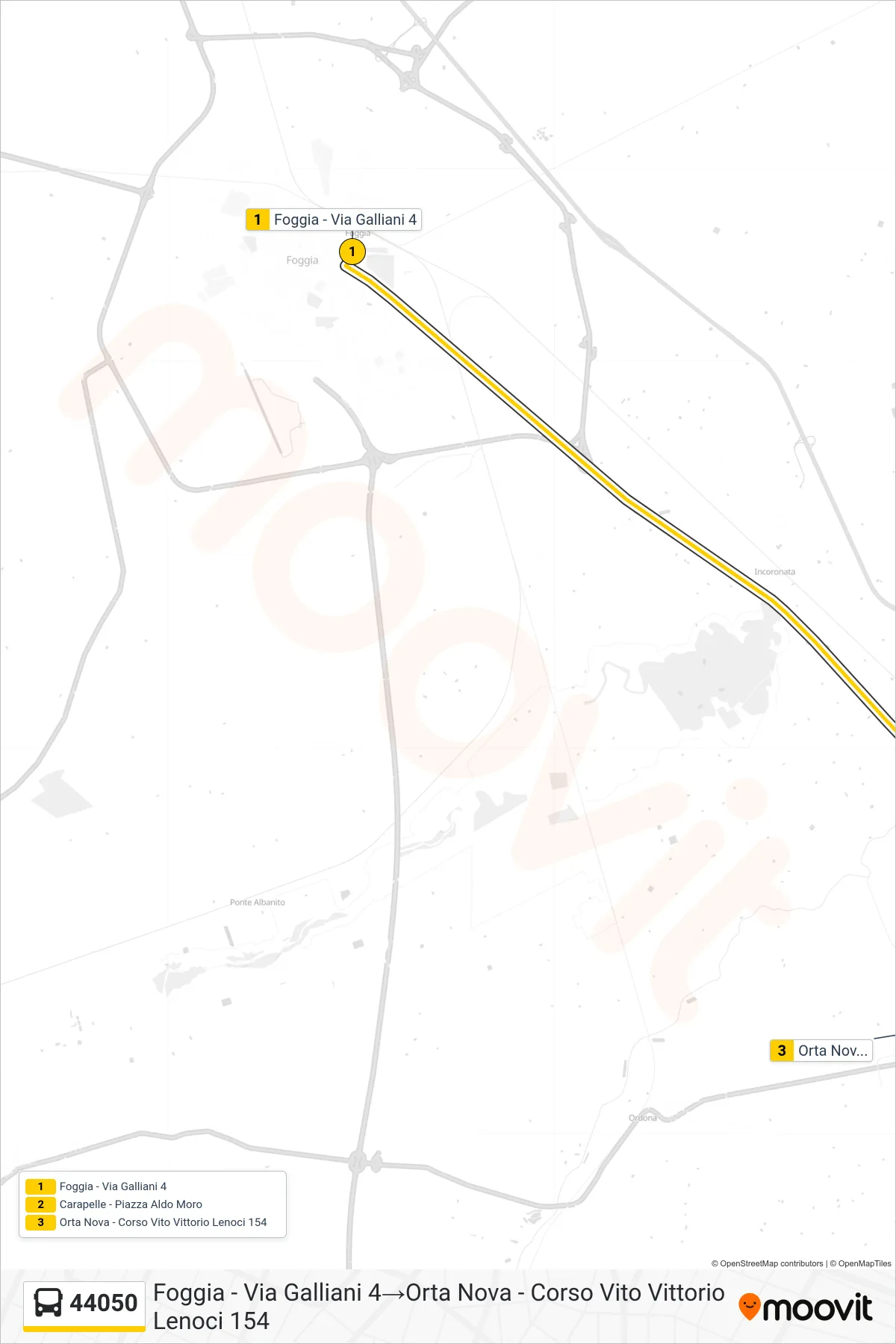Linea 44050 bus (Foggia - Via Galliani 4→Orta Nova - Corso Vito Vittorio Lenoci 154) - Percorsi e fermate sulla mappa