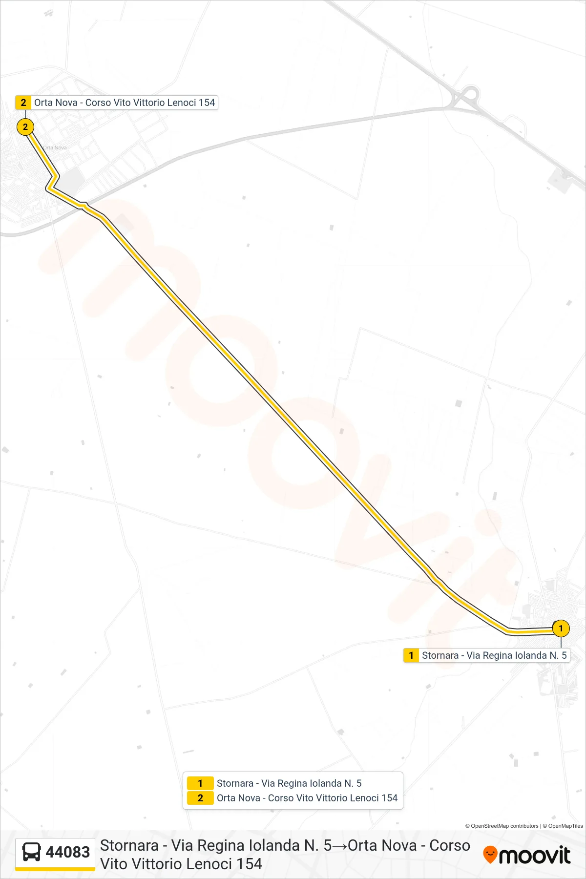 Linea 44083  bus (Stornara - Via Regina Iolanda N. 5‎→Orta Nova - Corso Vito Vittorio Lenoci 154) - Percorsi e fermate sulla mappa
