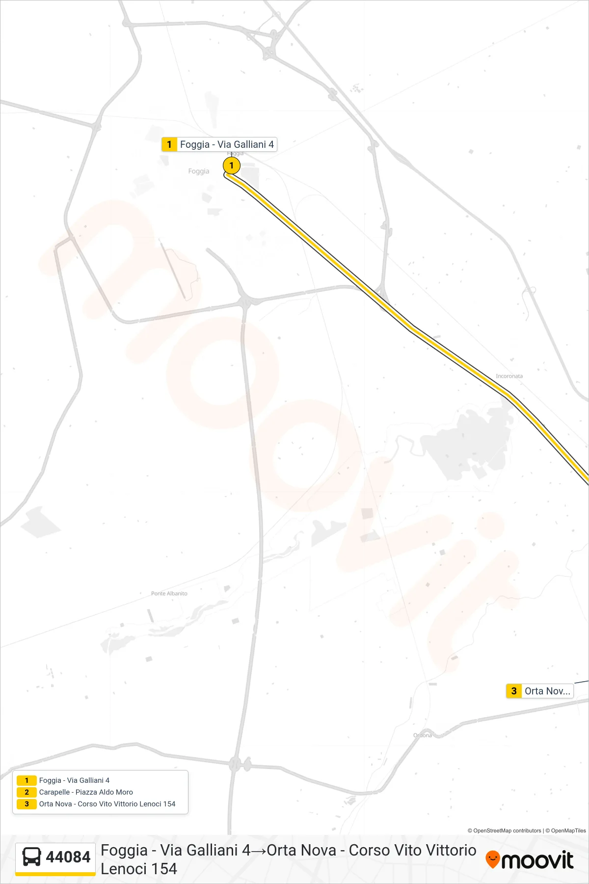 Linea 44084 bus (Foggia - Via Galliani 4→Orta Nova - Corso Vito Vittorio Lenoci 154) - Percorsi e fermate sulla mappa