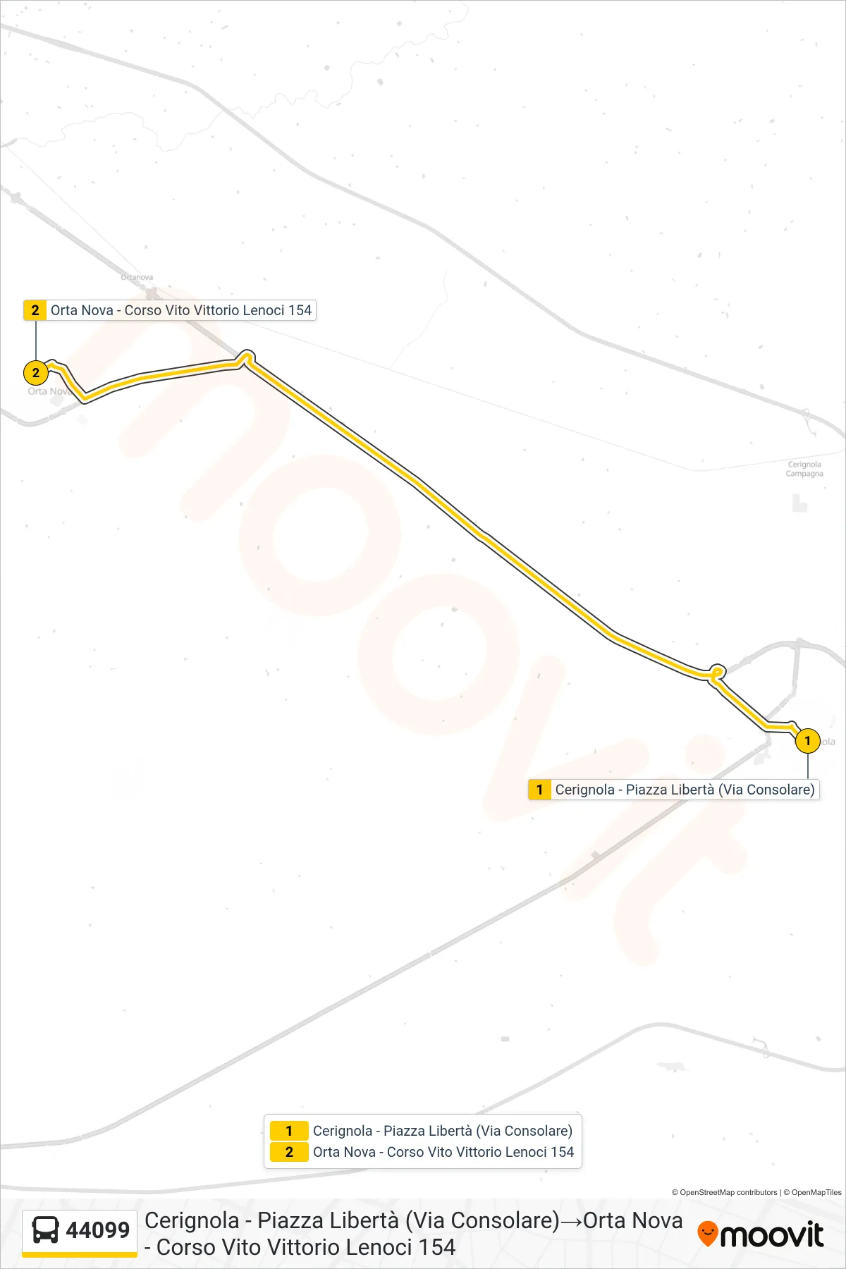 Linea 44099 bus (Cerignola - Piazza Libertà (Via Consolare)→Orta Nova - Corso Vito Vittorio Lenoci 154) - Percorsi e fermate sulla mappa