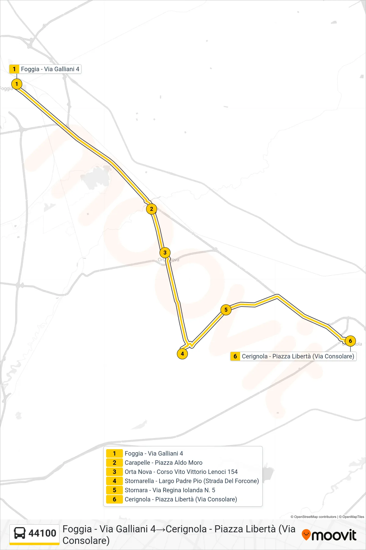 Linea 44100 bus (Foggia - Via Galliani 4→Cerignola - Piazza Libertà (Via Consolare)) - Percorsi e fermate sulla mappa